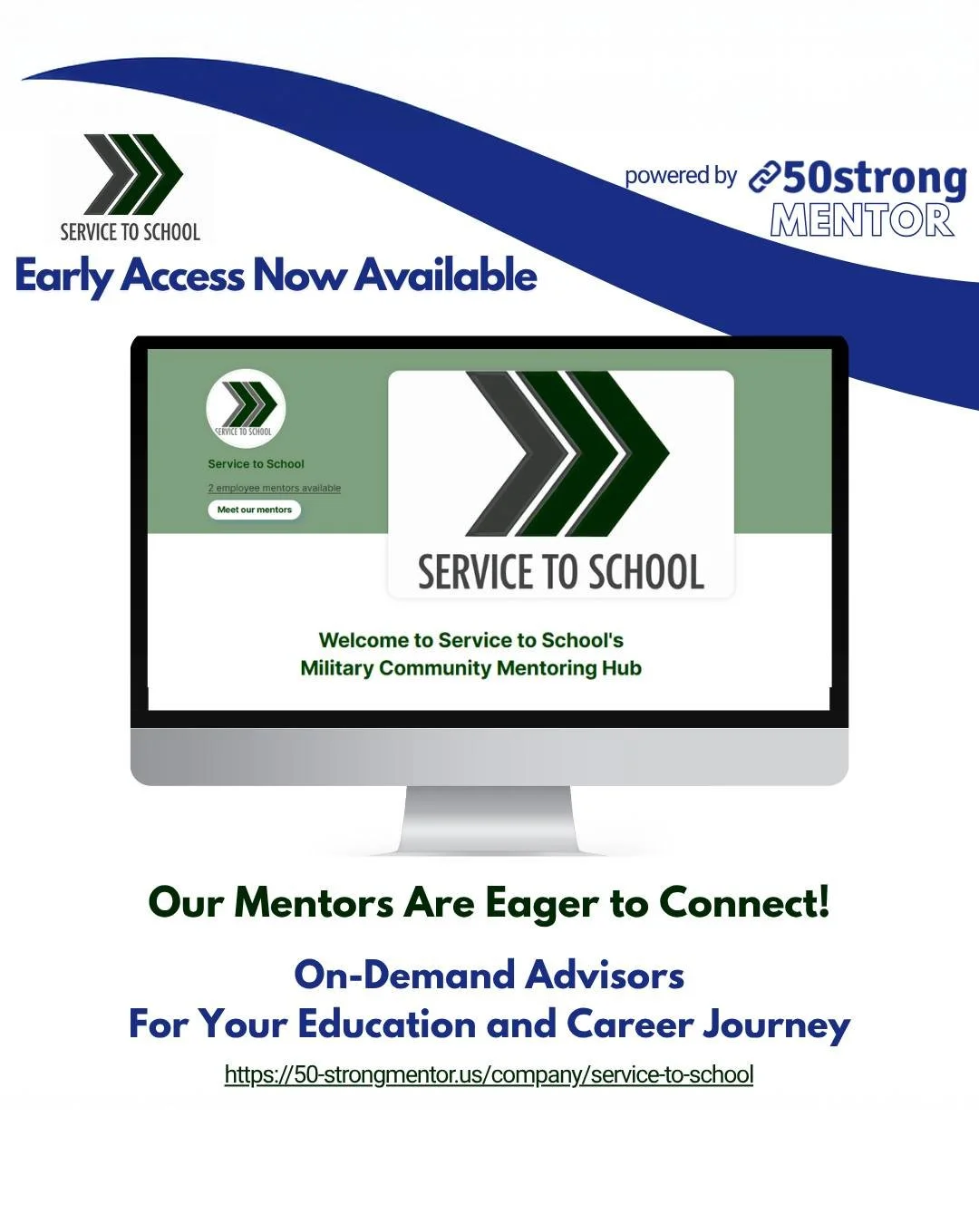 We are proud to share that Service to School is partnering with @50strong.us Mentor to launch a career mentorship platform designed to further support our student veteran community.

Through this new platform, student veterans can directly connect wi