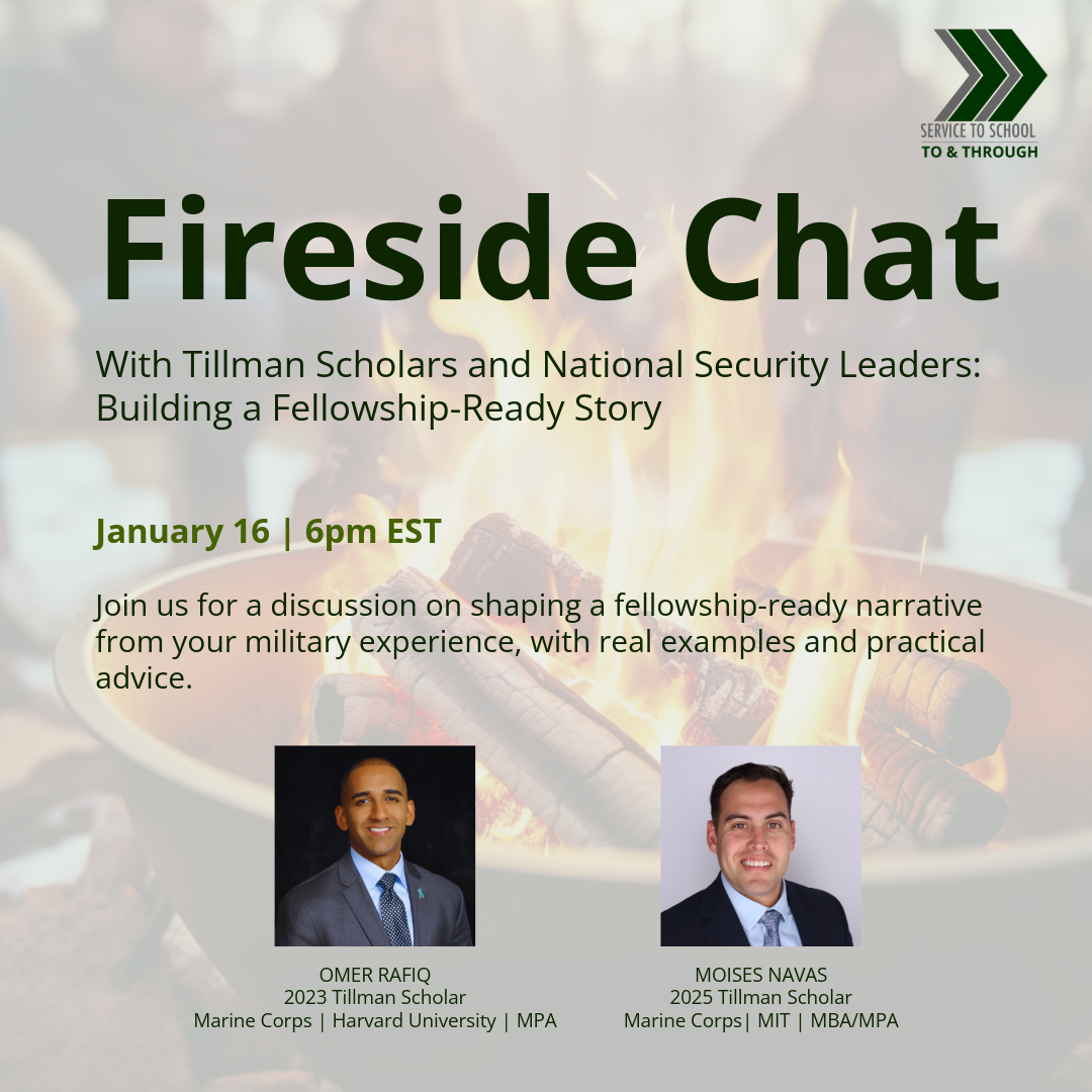 Flyer for a fireside chat event discussing building a fellowship-ready story with military experience. Features photos of speakers Omer Rafiq and Moises Navas, scheduled for January 16 at 6 pm EST, with a background of a bonfire.