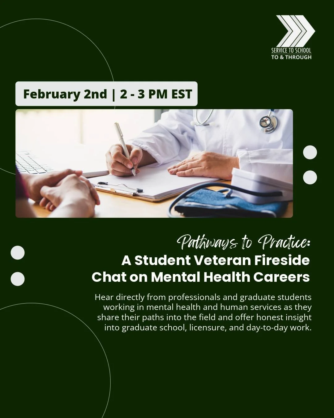 Student veterans interested in careers in psychology, counseling, social work, and related helping professions are invited to join a virtual fireside chat with professionals and graduate students currently working in the field on Feb 2! 

This sessio