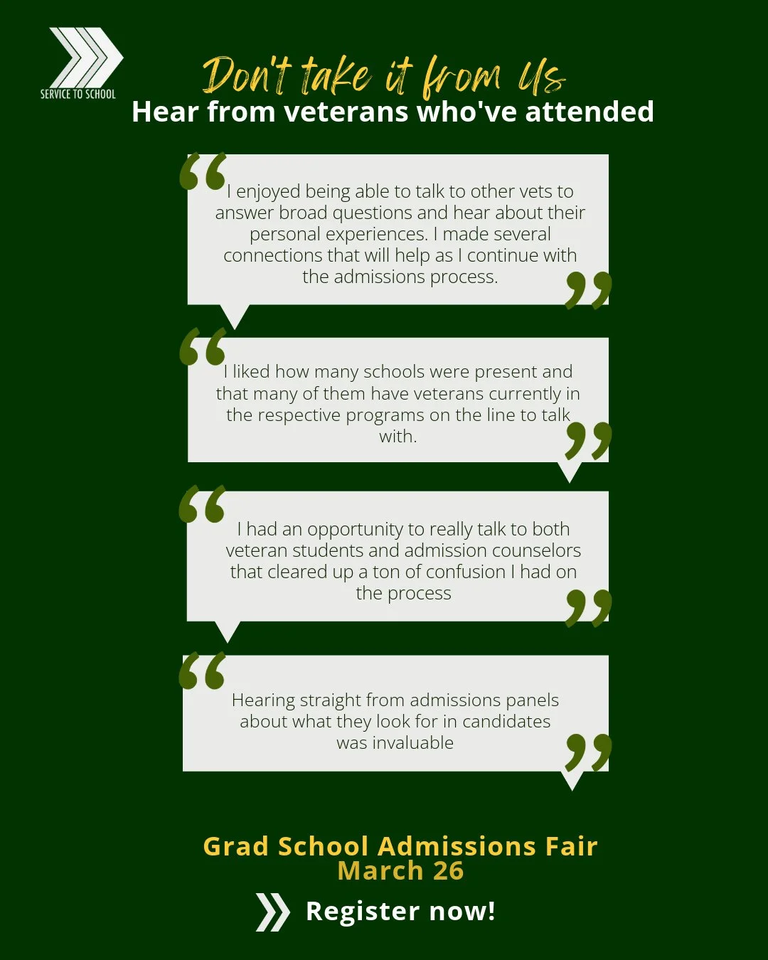 One week out. Are you registered? 👇⁠
⁠
Don't take it from us &mdash; take it from veterans who've been in your shoes.⁠
⁠
Spots are still available, but not for long. Join fellow veterans and service members at S2S's FREE Virtual Grad School Admissio