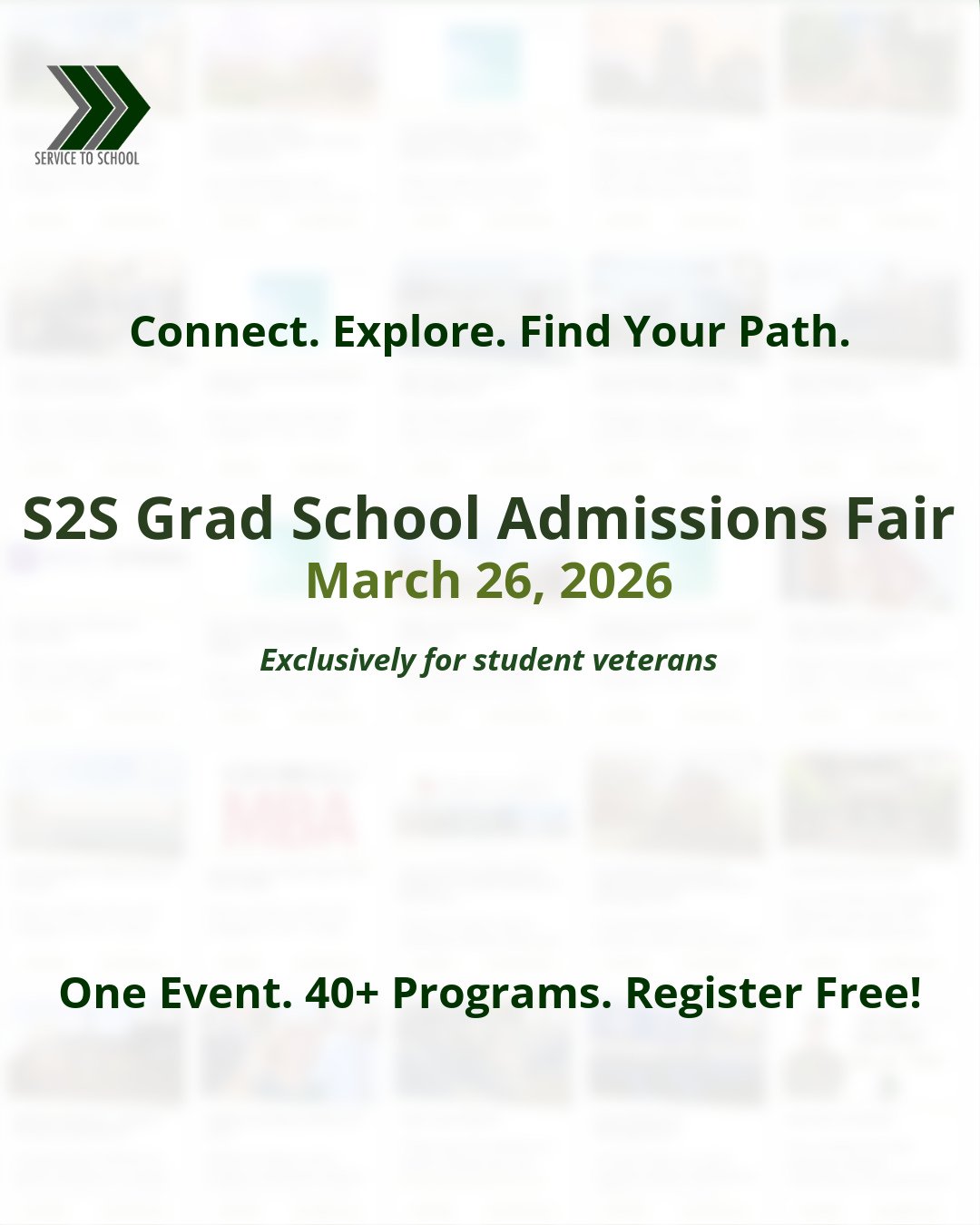 More schools. More opportunities. More reasons to find your fit. 🎓⁠
⁠
We've added NEW schools to our virtual graduate admissions fair and there's still time to register before Thursday.⁠
⁠
This event was built for student veterans like you. Come exp