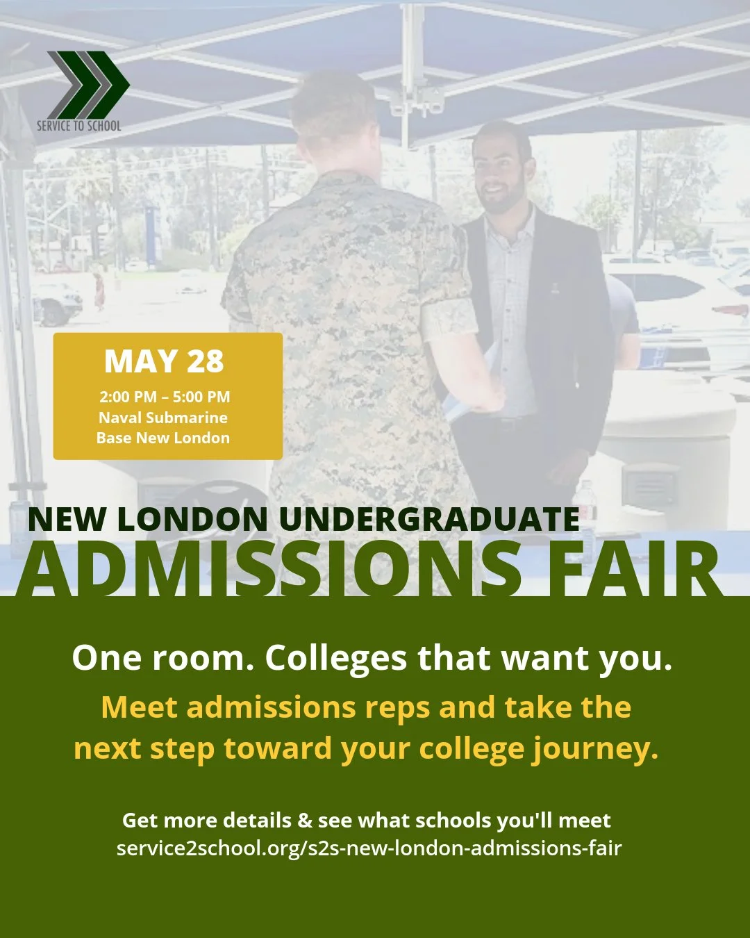 For the first time, we're coming to you 🎓 S2S is hosting a live, in-person Undergraduate Admissions Fair right on base at Naval Submarine Base New London on May 28, 2&ndash;5 PM. ⁠
⁠
No Zoom. No waiting rooms. Just real conversations with top colleg