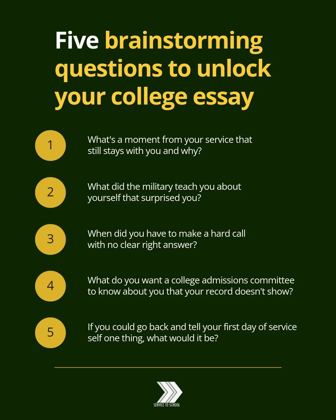 Not sure where to start with your college essay? Start here! ⁠
⁠
These 5 questions are designed specifically for veterans to get the creative juices flowing &amp; find their story:⁠
1. What's a moment from your service that still stays with you and w