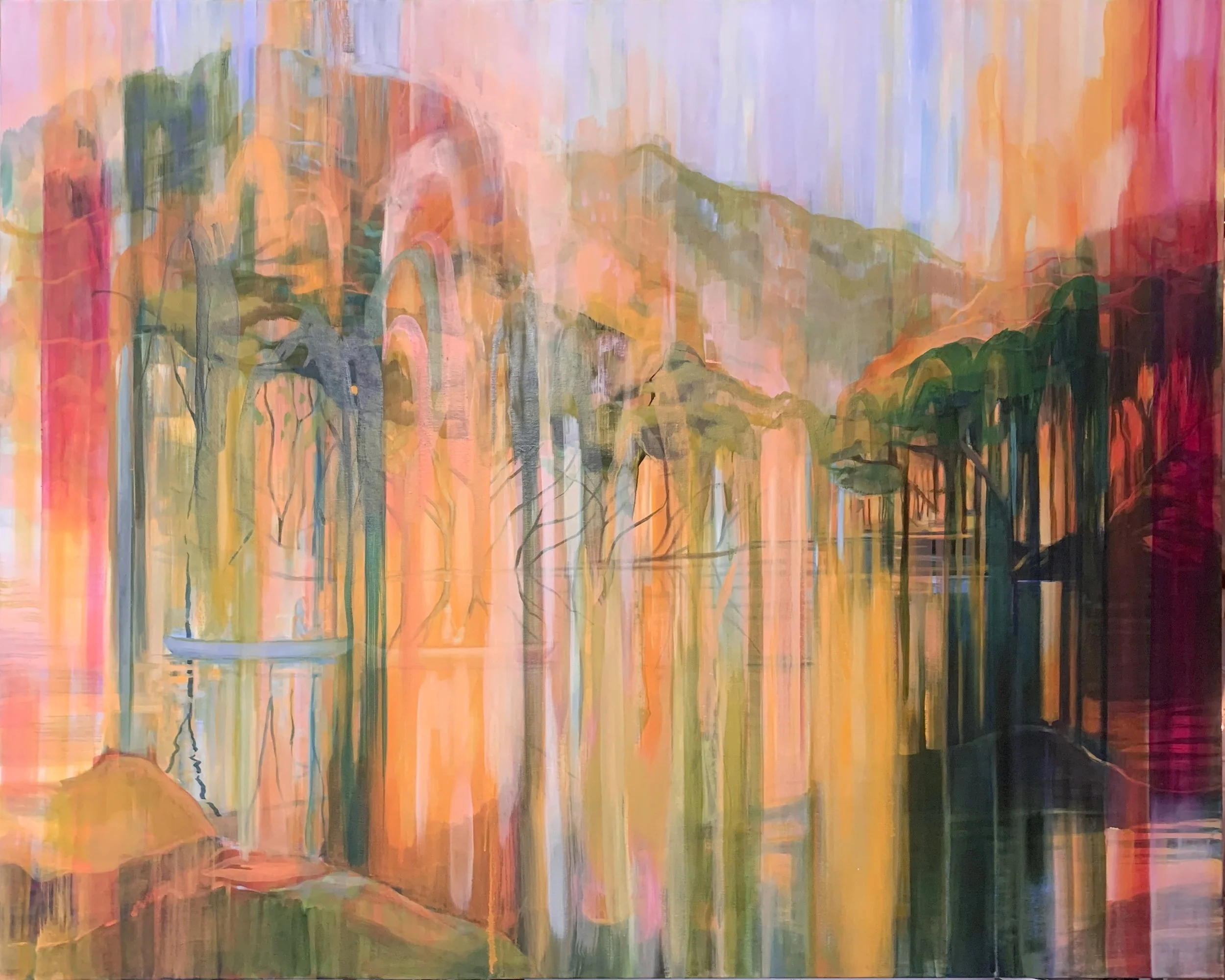 An abstract painting with vibrant colors, depicting a landscape with trees and water reflections in shades of pink, orange, green, and purple.