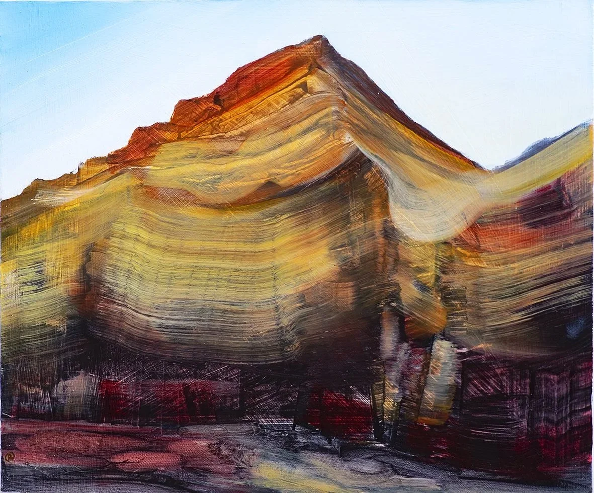 Abstract painting of mountain landscape with layered strokes in yellow, orange, and dark red tones.