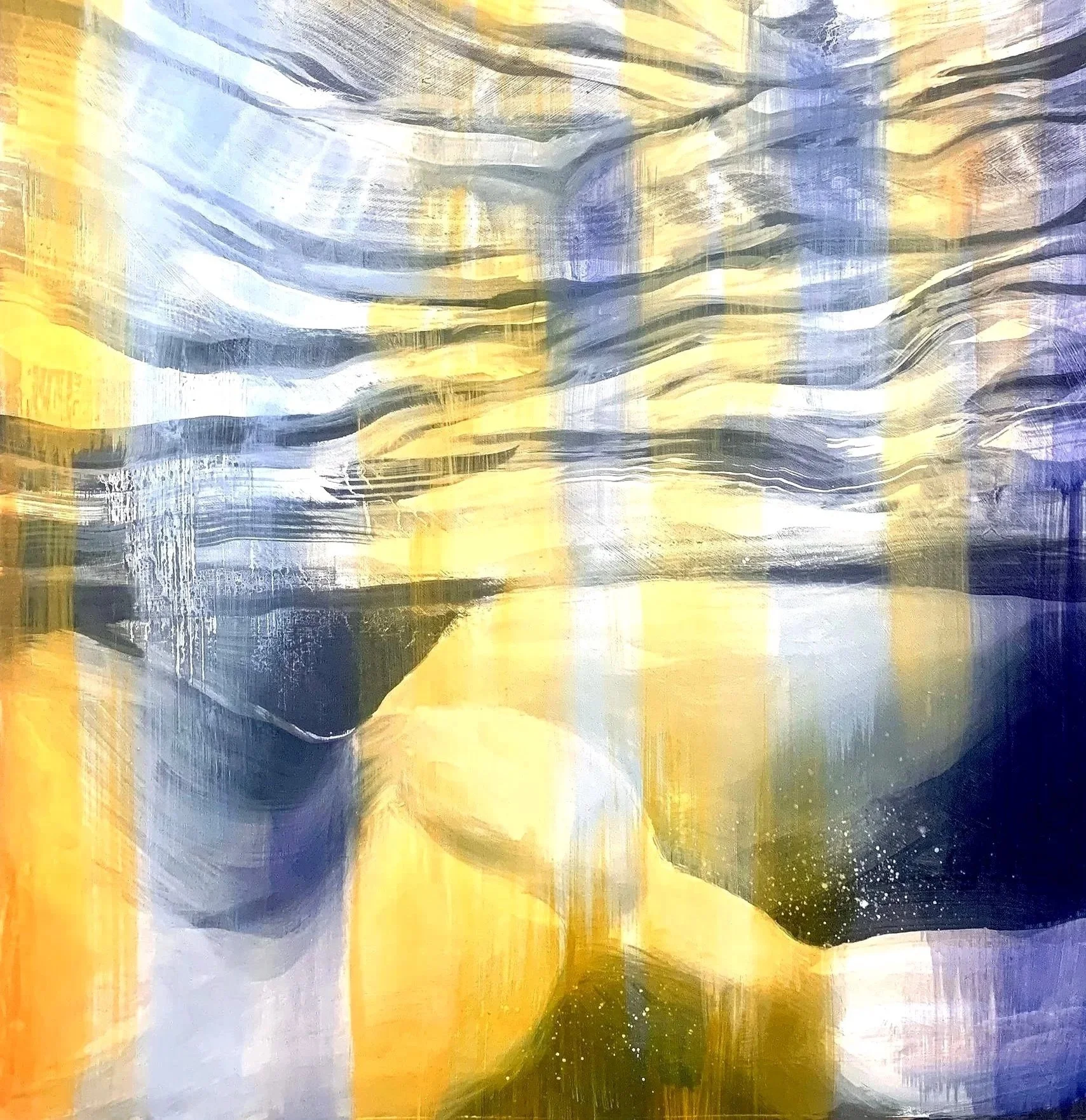 Abstract painting with wavy patterns and circular shapes in shades of yellow, blue, black, and white.