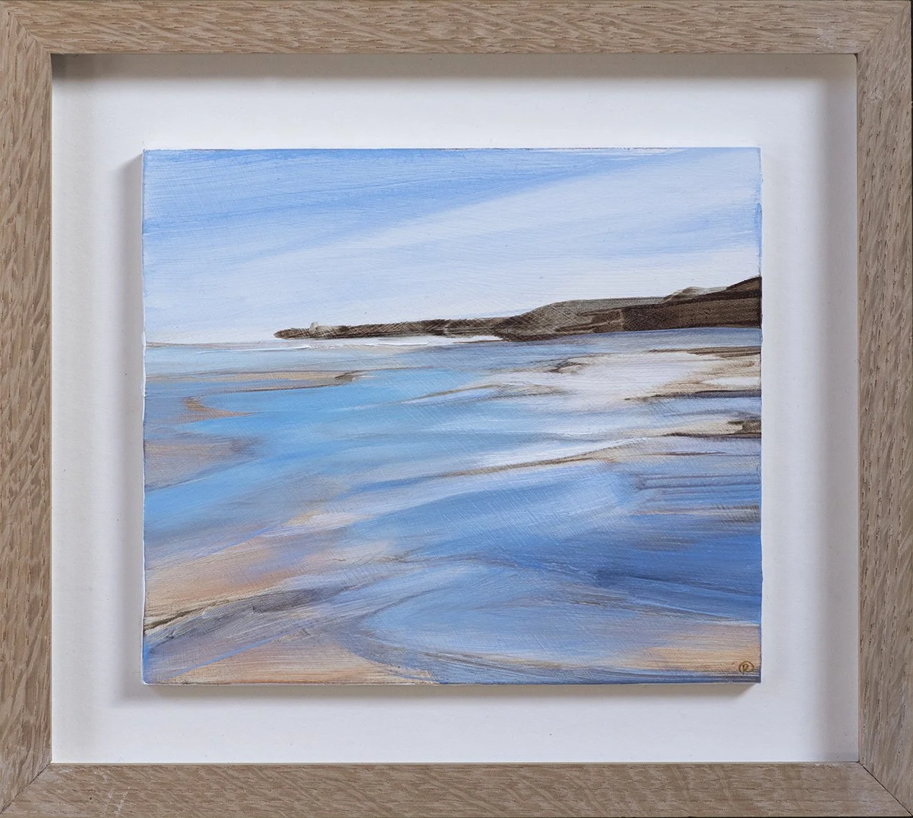 Painting of a beach scene with blue water, sand, and distant brown cliffs under a partly cloudy sky.