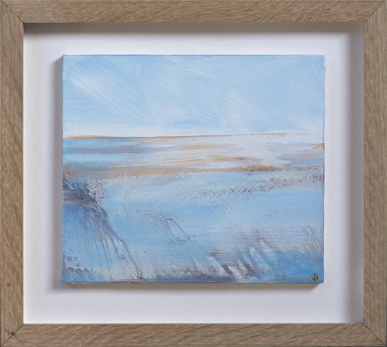 Abstract landscape painting of a seascape with blue water and sky, with hints of sandy beach, in a wooden frame.