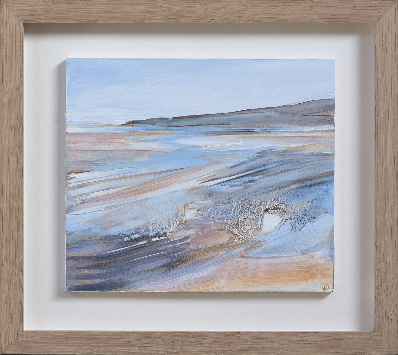 Painting of a seascape with a shoreline, water, and a distant landmass under a pale blue sky, framed in a wood frame.