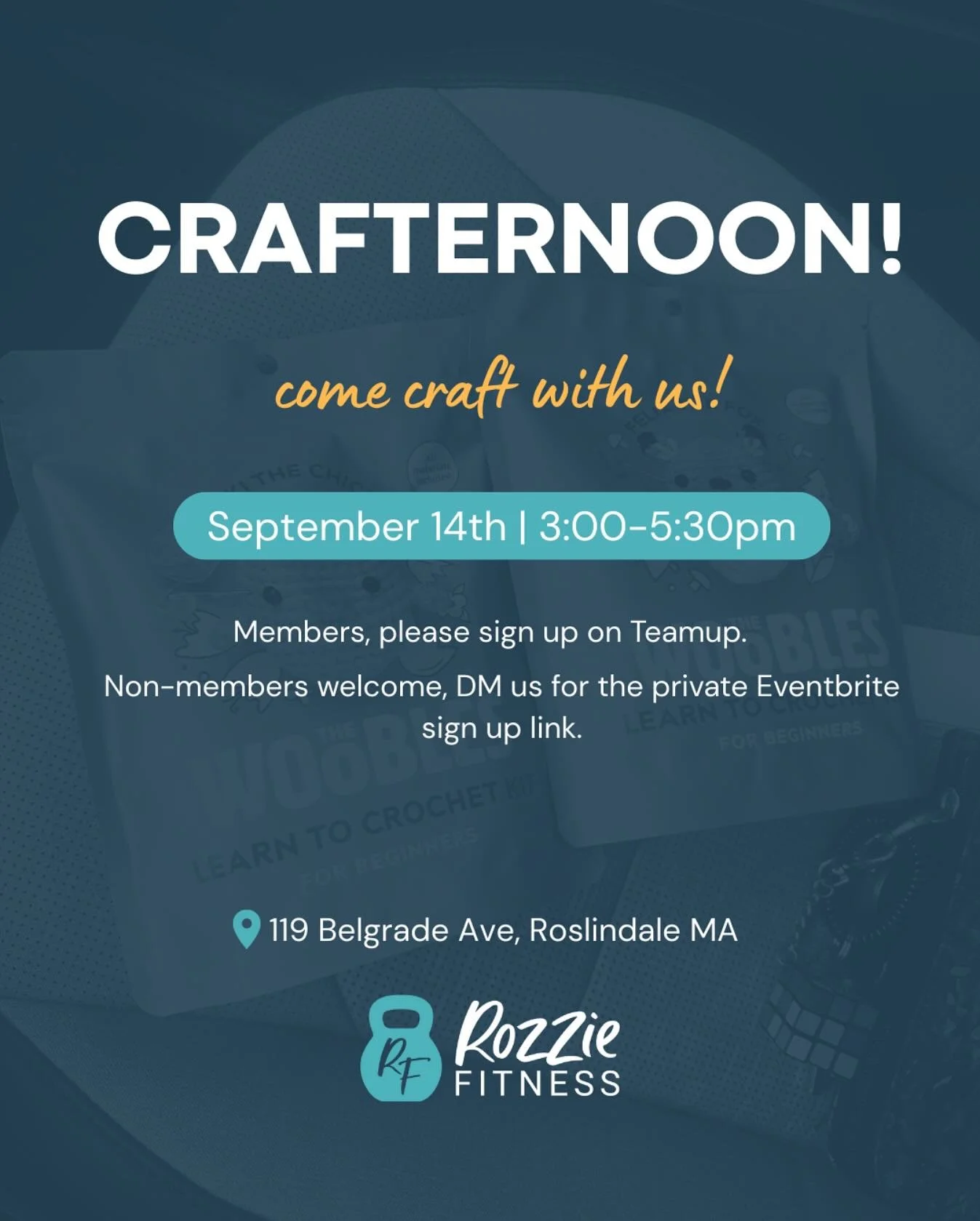 If you think it counts, it counts&hellip;
Come work on your fiber arts projects with us! Local celebrity may be in attendance 😉.

Sunday, September 14th at 3:00pm @rozziefitness. 

Members, please register on TeamUp or the Rozzie Fitness app. Your f