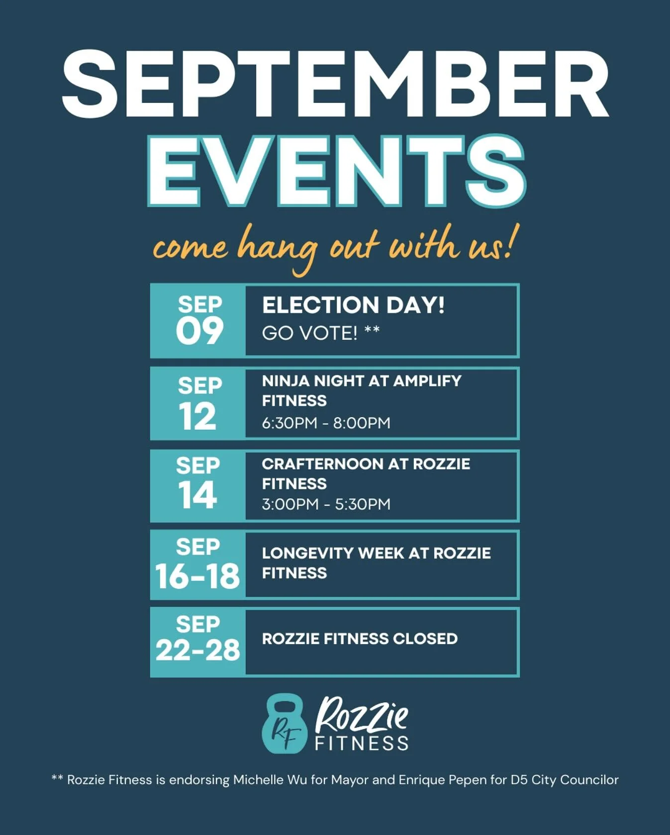 September is packed with events at Rozzie Fitness! 💪🎉 

Mark your calendars and come hang out with us. 

#RozzieFitness #RozzieFitnessEvents #RozzieFitnessCommunity