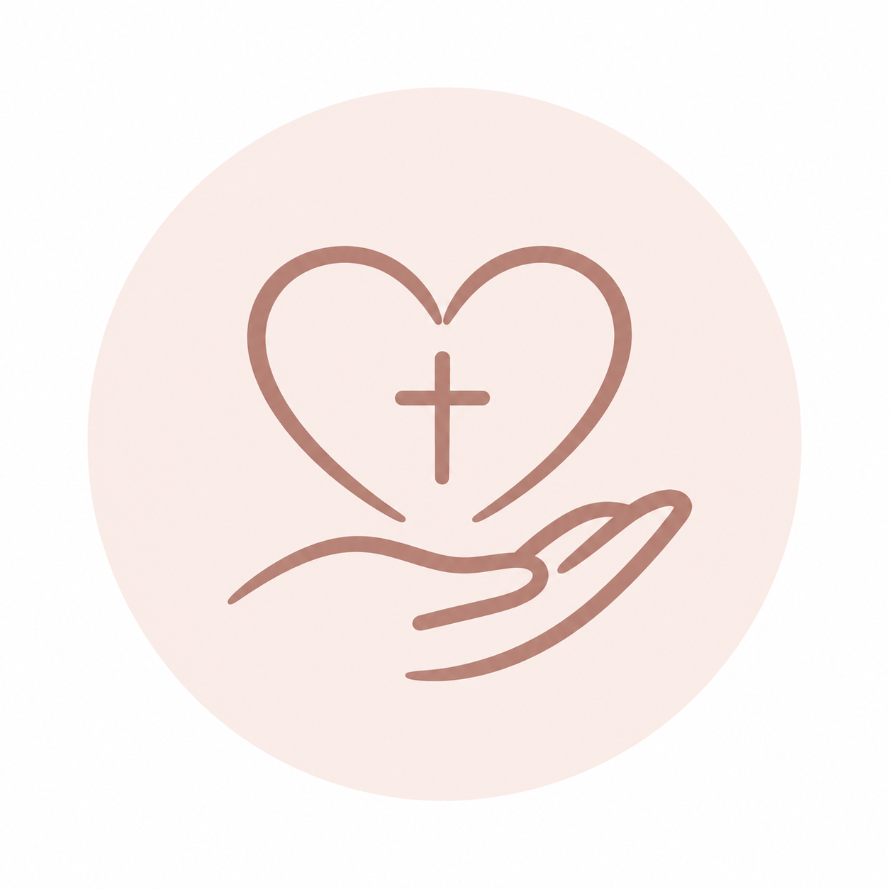 Heart, cross, and helping hand icon representing emotional and spiritual care