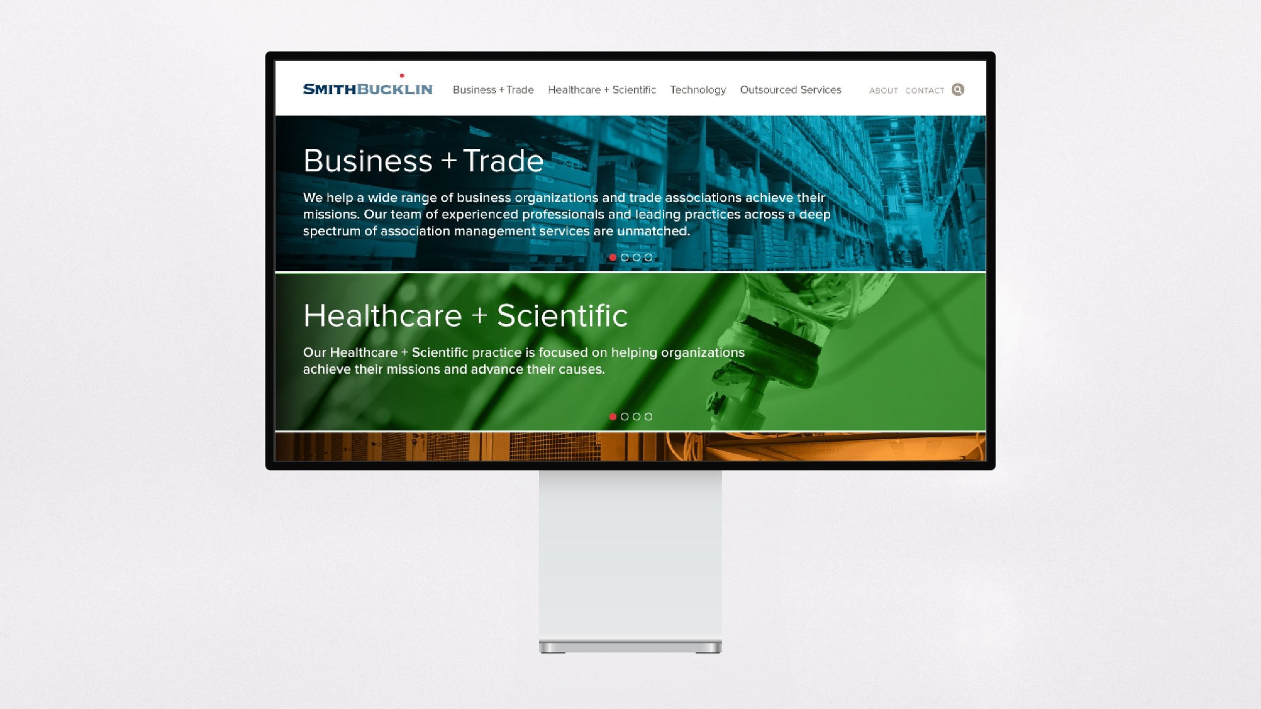 The revamped SB homepage spotlights their three primary business areas through rotating carousels that showcase the latest news.