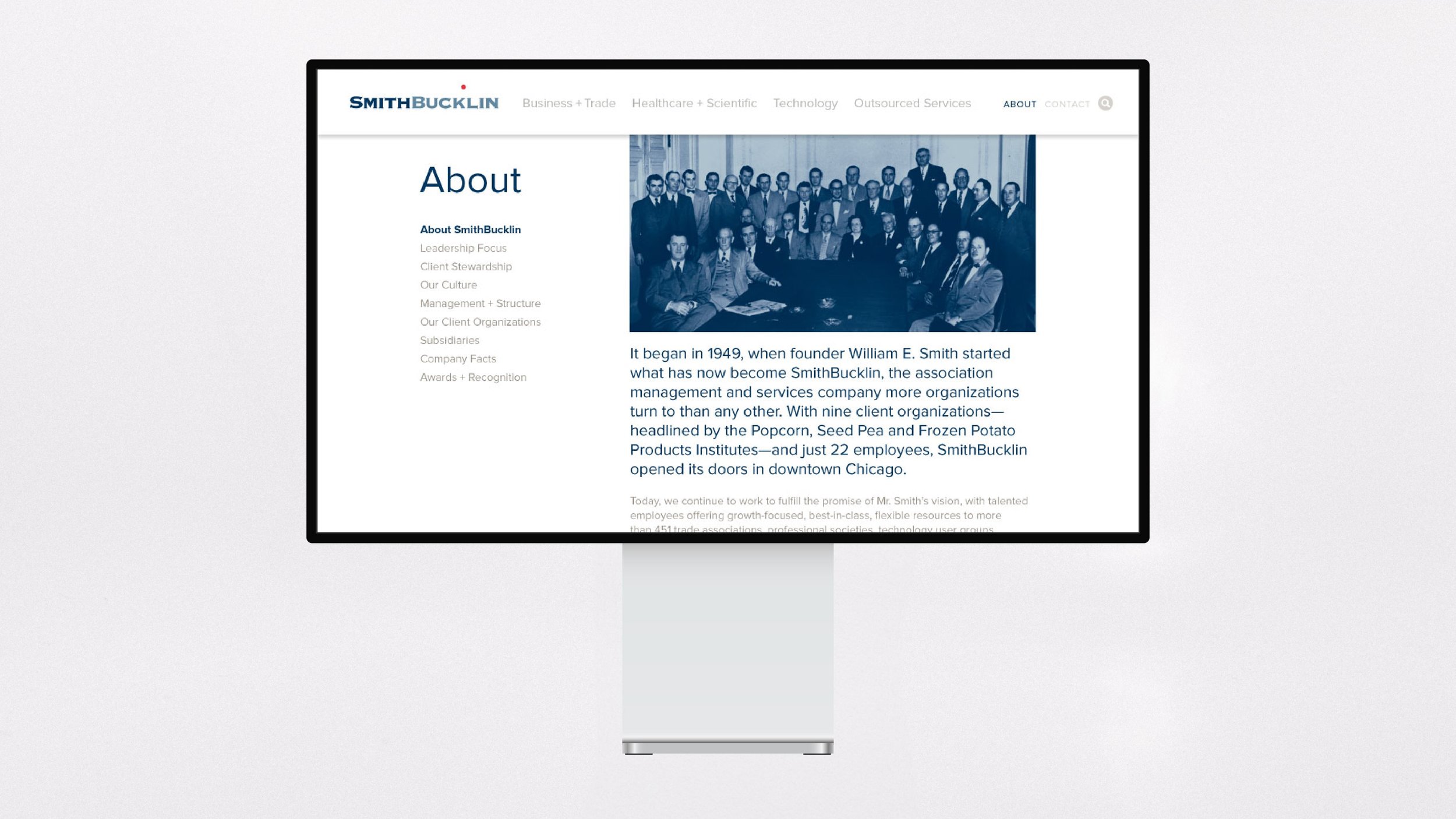 The About page showcases the company's leadership, organizational structure, and offers insight into its culture.
