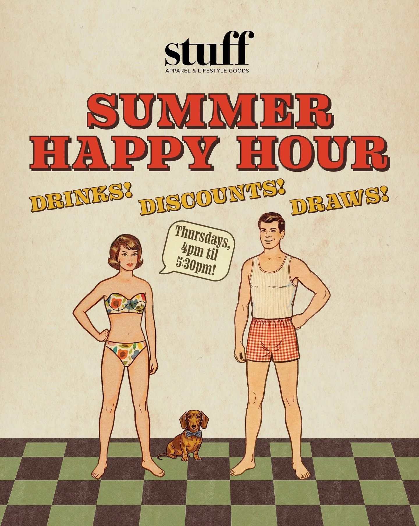 Summer Happy Hour is back. ☀️

Every Thursday:
🍻 Drinks
🛍️ 15% off storewide
👔 New arrivals

4-5:30PM