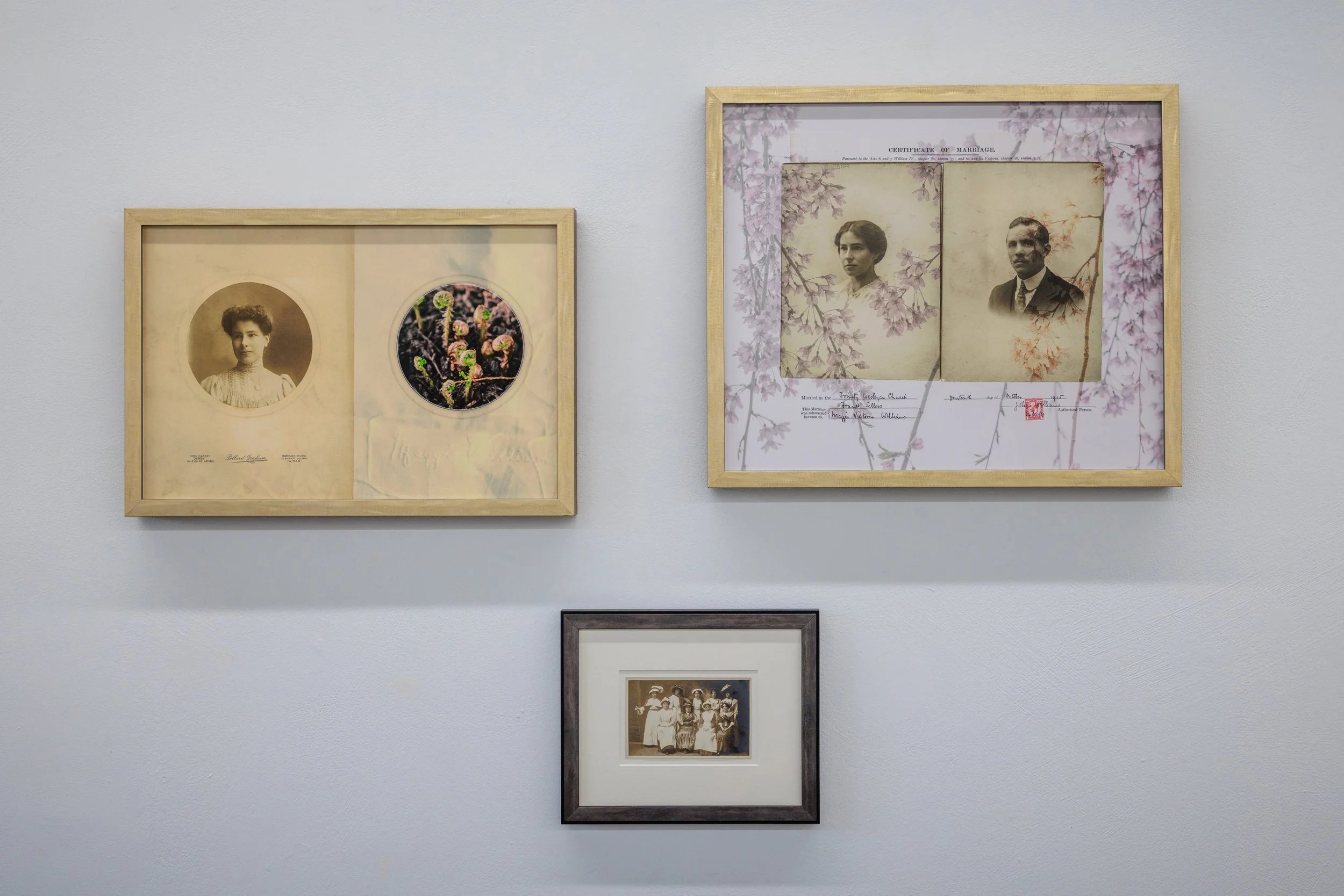 A gallery wall featuring vintage photographs and framed documents, including a portrait of a woman, a wedding certificate, and an old group photo, all displayed on a light-colored wall.