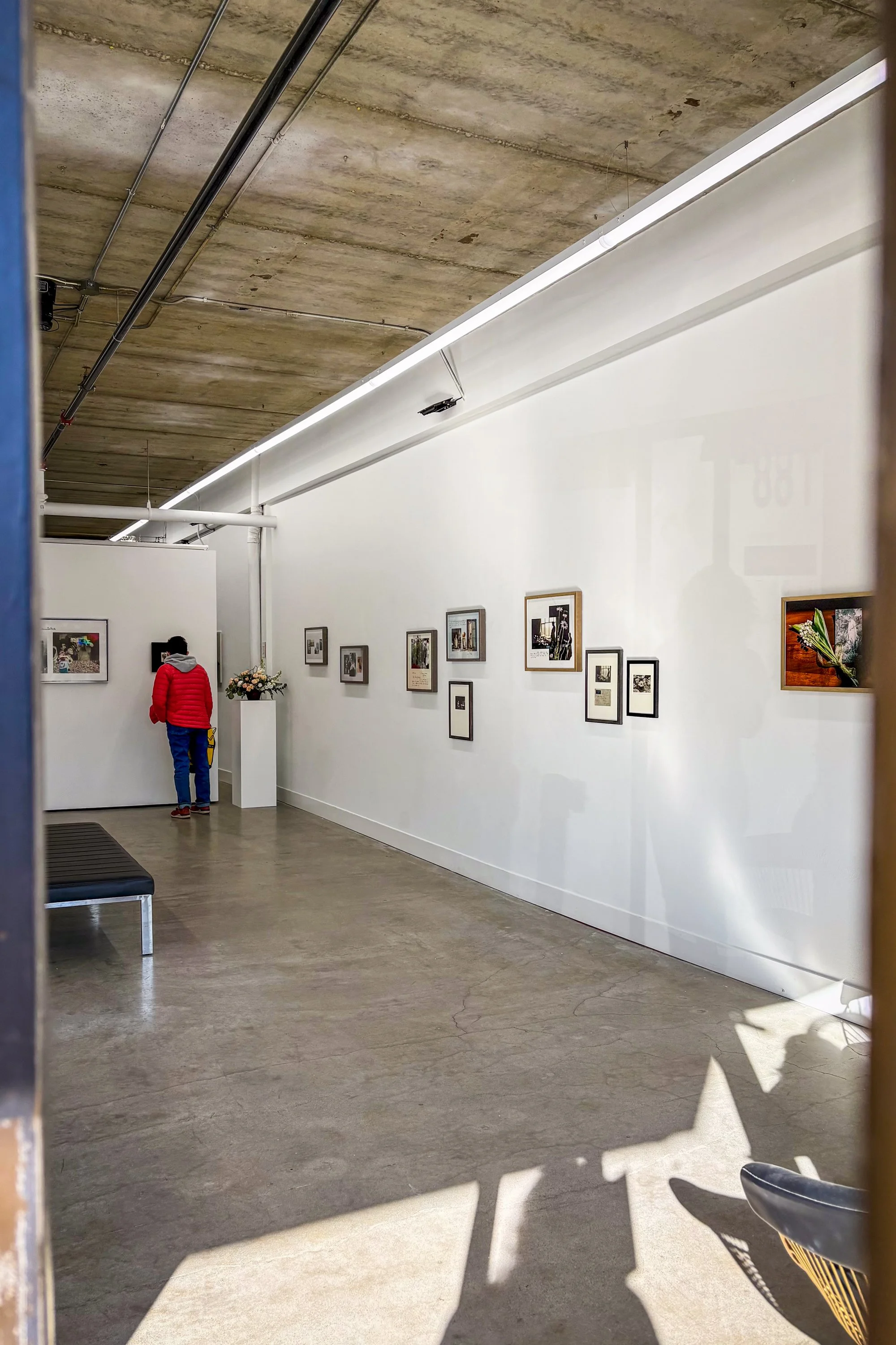 An art gallery with framed photographs and paintings on white walls, a person in a red jacket looking at the art, and a bench in the foreground. The ceiling is concrete with visible pipes, and natural light streams in from the right side.