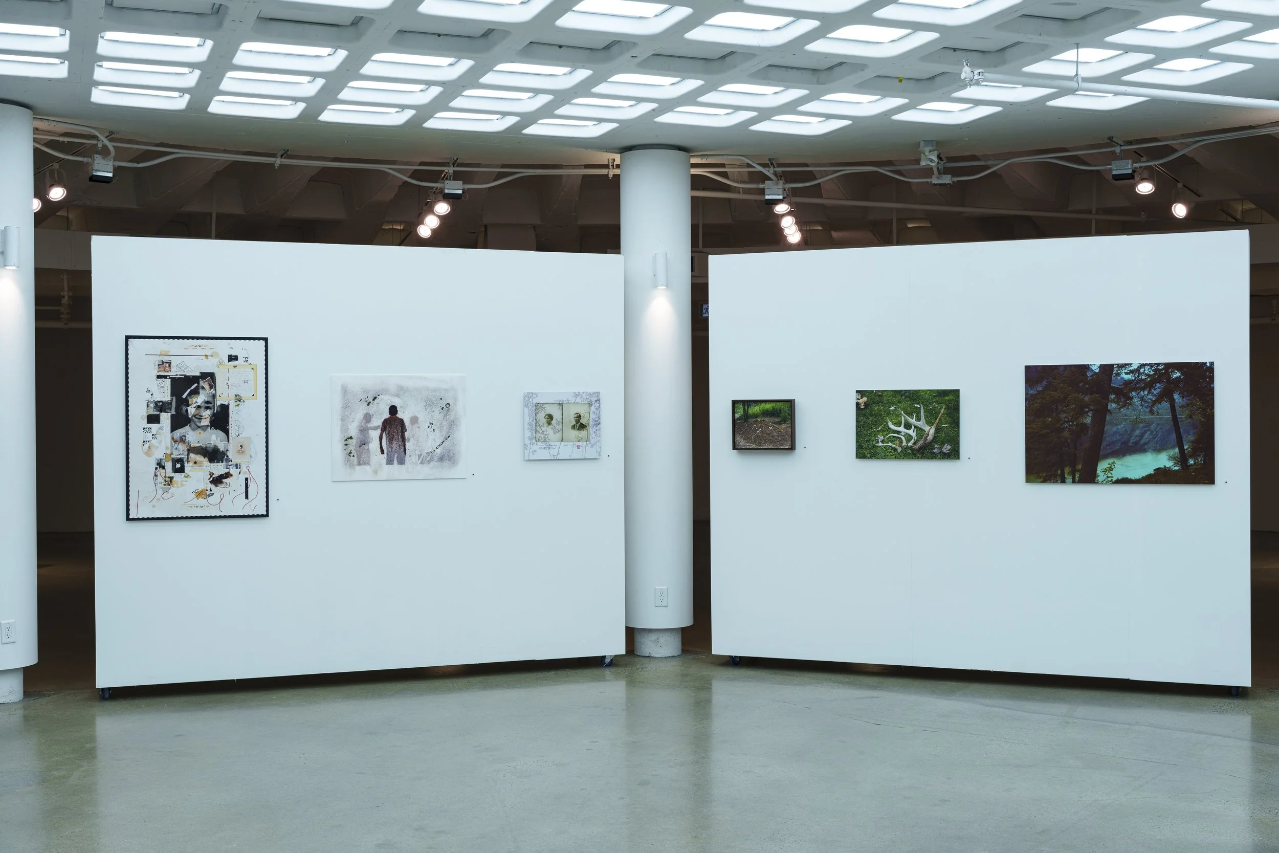 An art gallery with white walls displaying pictures, including a black-and-white collage, a watercolor with two people, and landscape photographs, under a grid-patterned ceiling with bright lighting.
