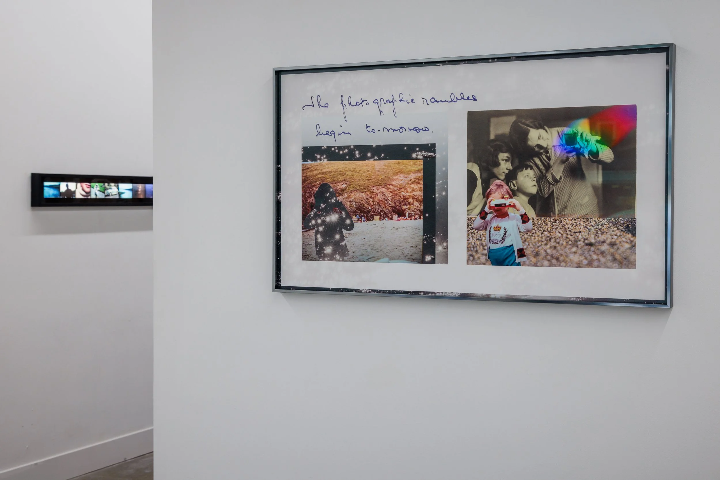 A large photo collage displayed in an art gallery on a white wall.