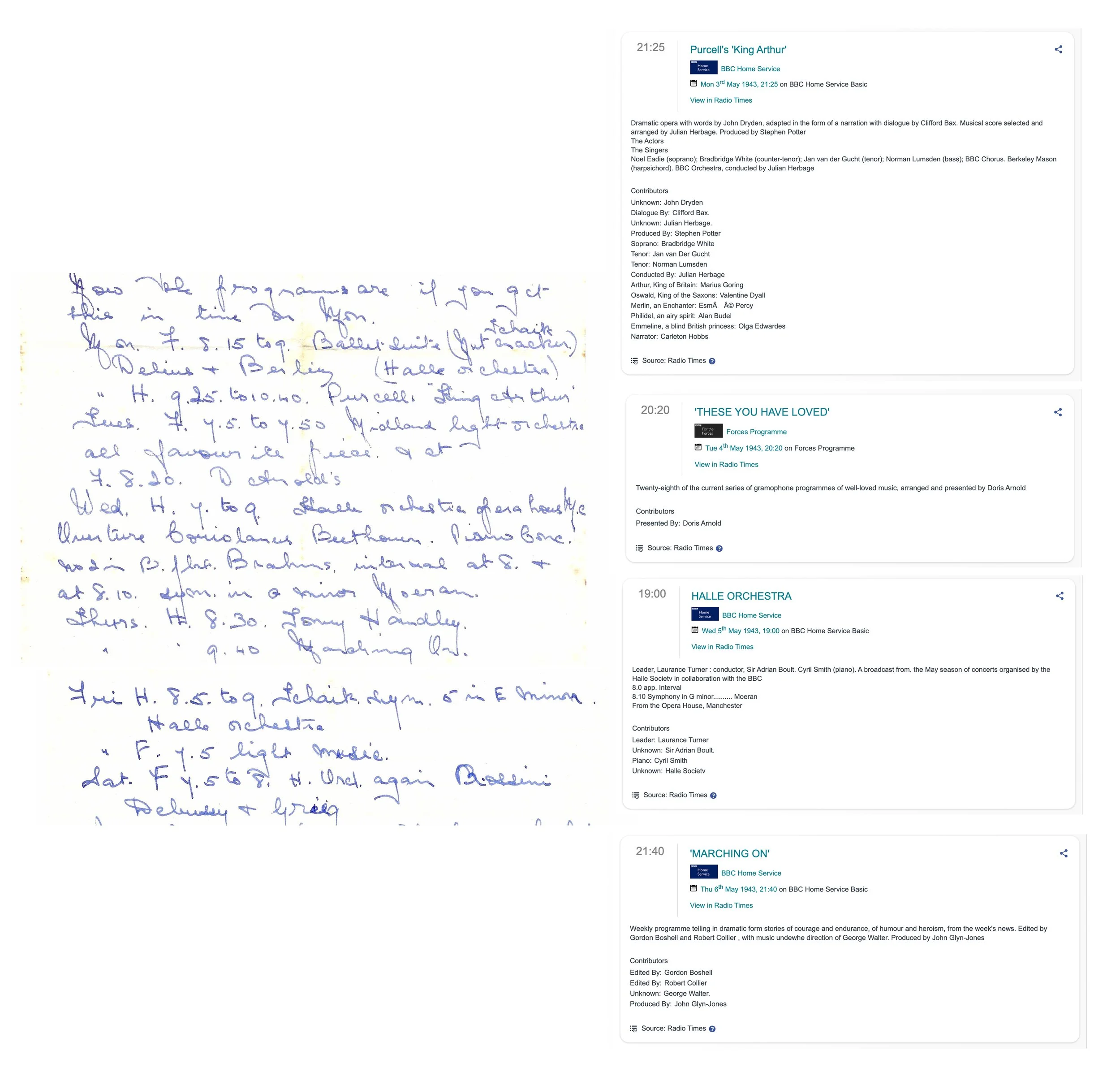 Handwritten notes on a page, with blue ink and cursive writing, alongside a series of TV program listings from BBC Home Service, including titles and timings of different broadcasts.