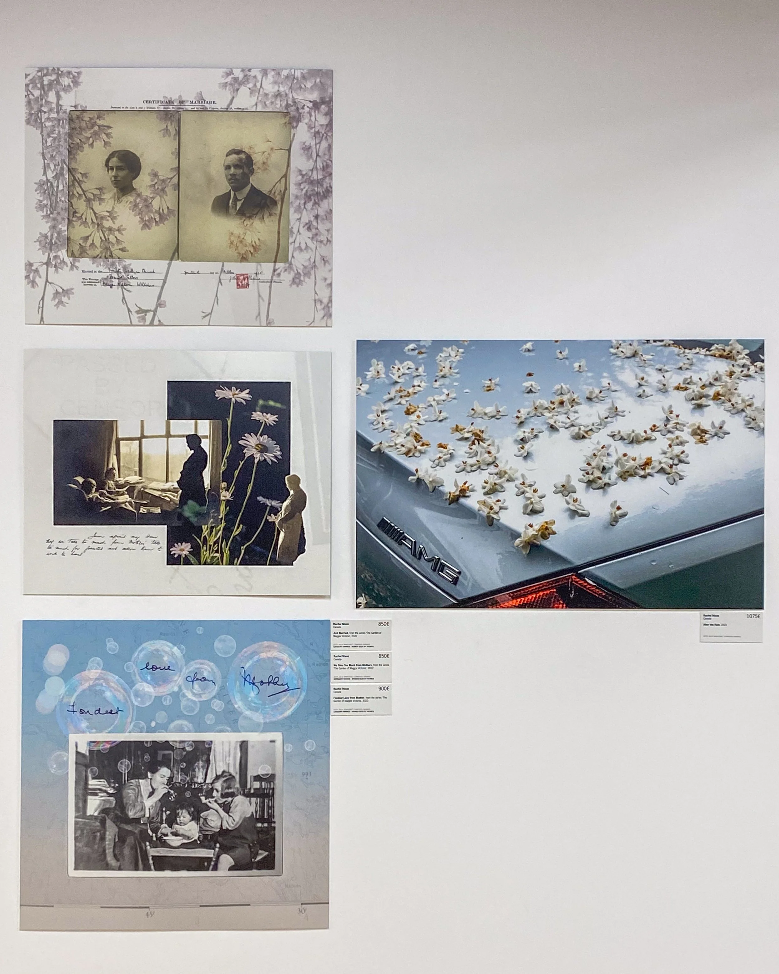 Four photographs arranged on a white background at an art exhibition.