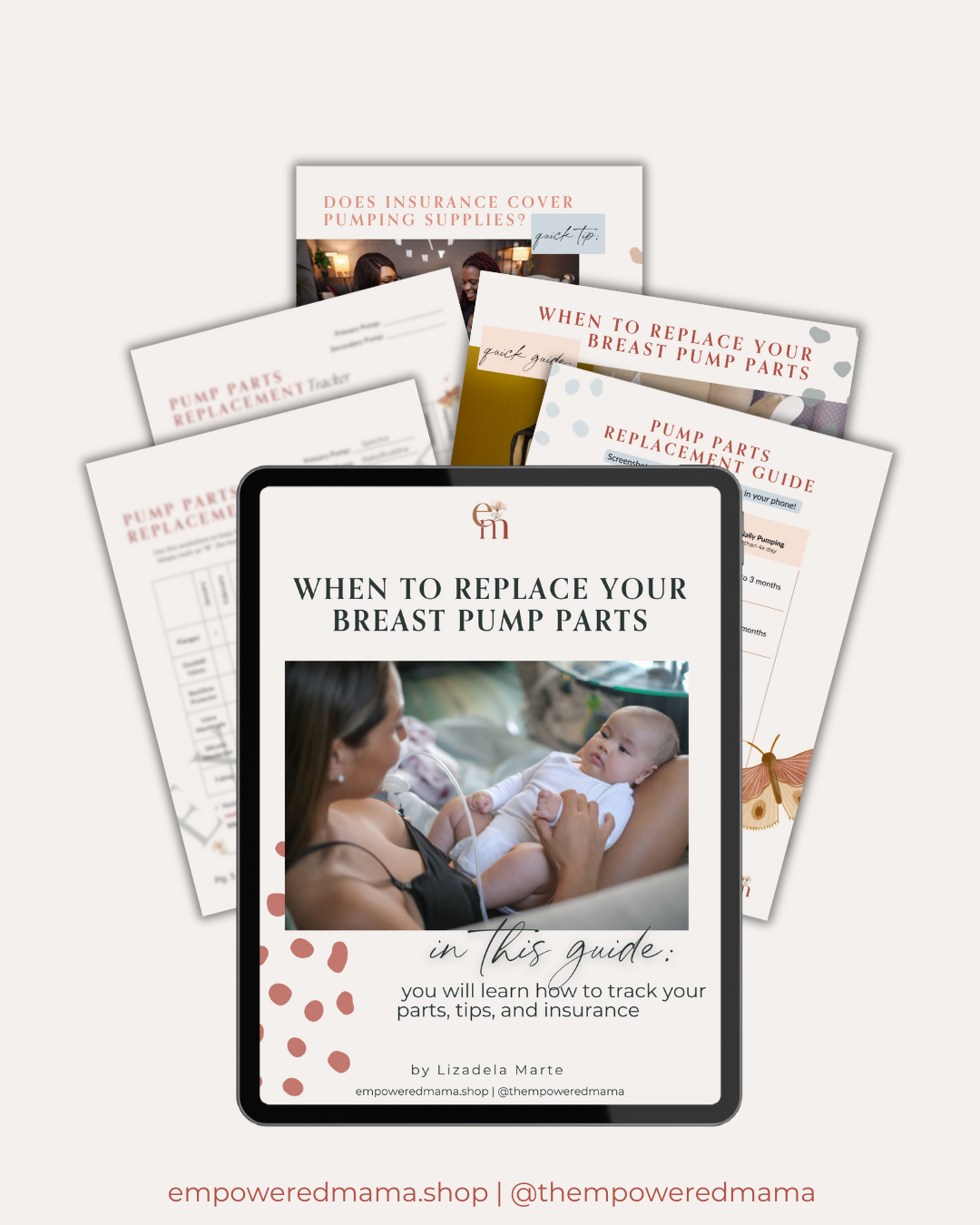A digital guidebook on breastfeeding, titled 'When to Replace Your Breast Pump Parts,' displayed on a tablet. Surrounding the tablet are various printed guides and checklists related to breast pump maintenance and insurance coverage, with a soft, pastel-colored background.