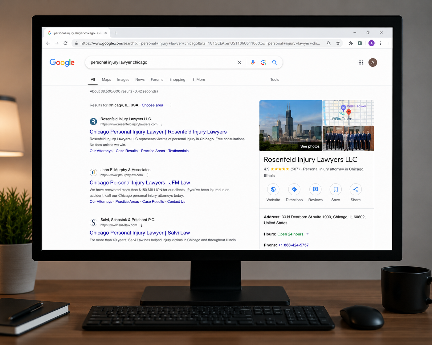 A desktop computer displaying Google search results for a law firm.