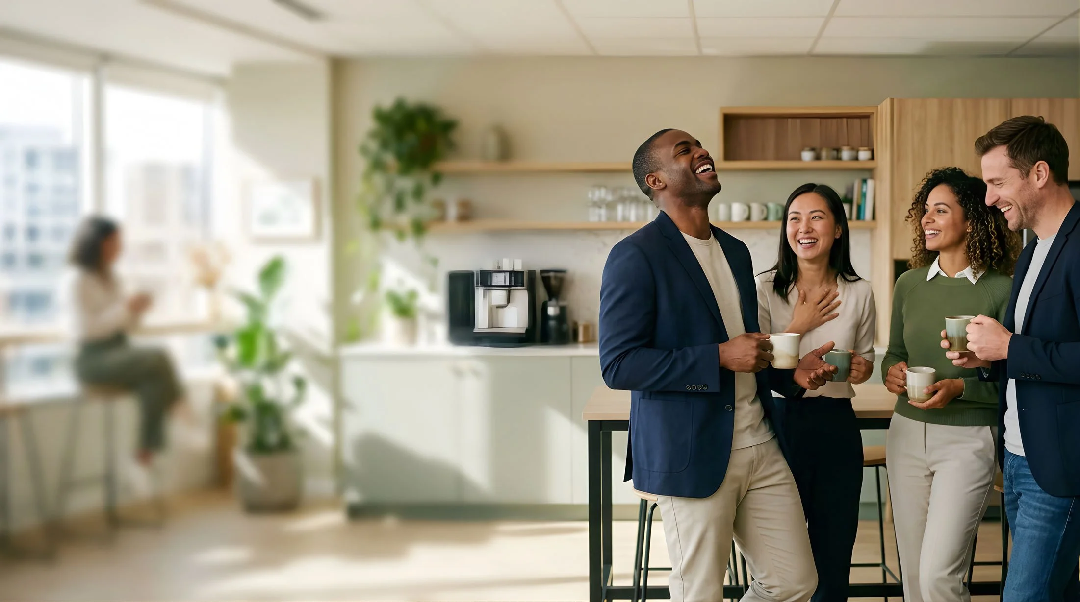 Group of local business employees laughing together over coffee in an office kitchen