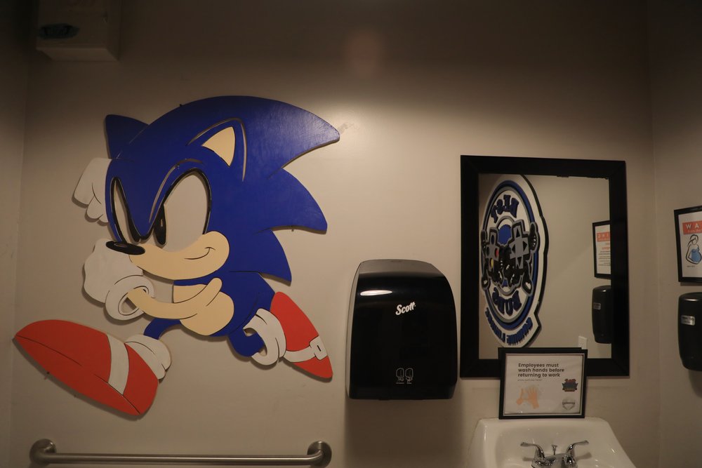 Sonic The Hedgehog dominates the bathroom wall in the 1-Up Lounge in Fairhaven, Wash.