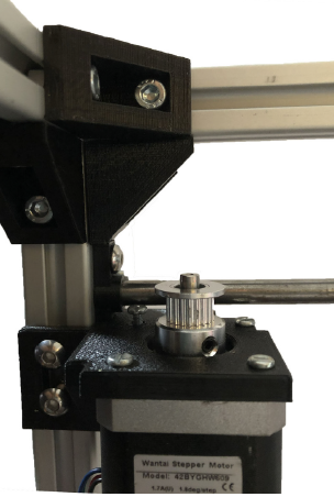 Motor mounting - the motor brackets were attached to the frame. The left being mounted higher above the rod bracket screw, so the belts are able to run parallel instead of crossing over. The motors themselves were then screwed into the bracket.