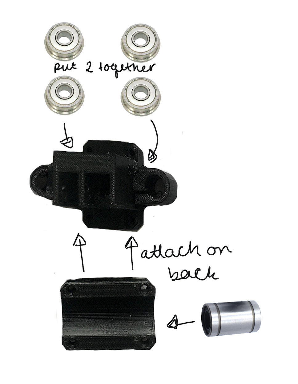 XY joiners - put
together by attaching the bearings and clamps with m3 bolts.