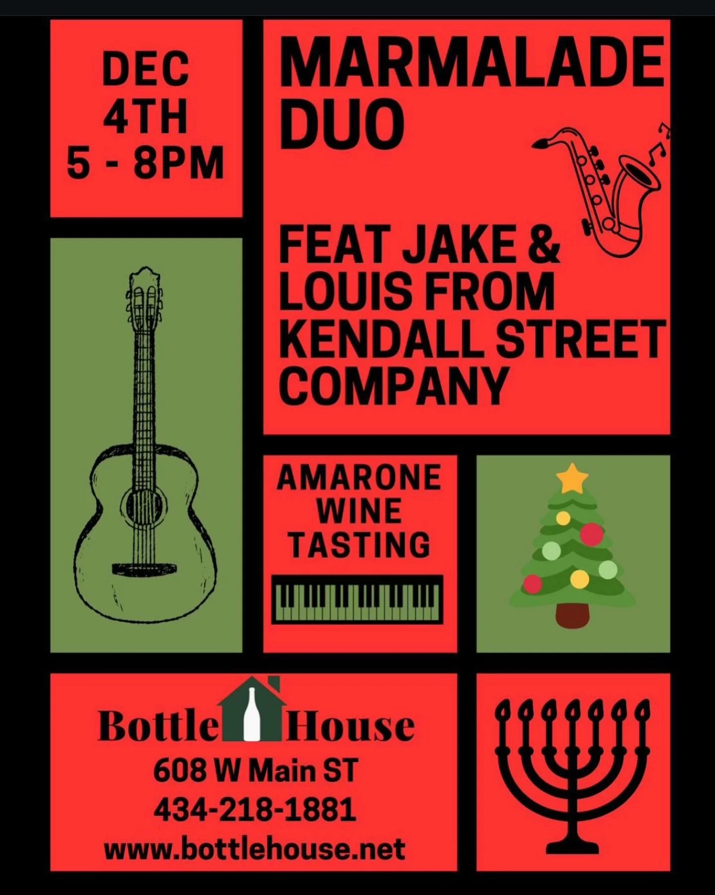 The Jake &amp; Lou Marmalade Duo returns to @bottlehousebev this Thursday, December 4th for free music from 5-8pm. This is such a cute spot in Cville and they have great snick snacks and, of course, wines to taste! We hope you can join us 🎄
.
.
.
.
