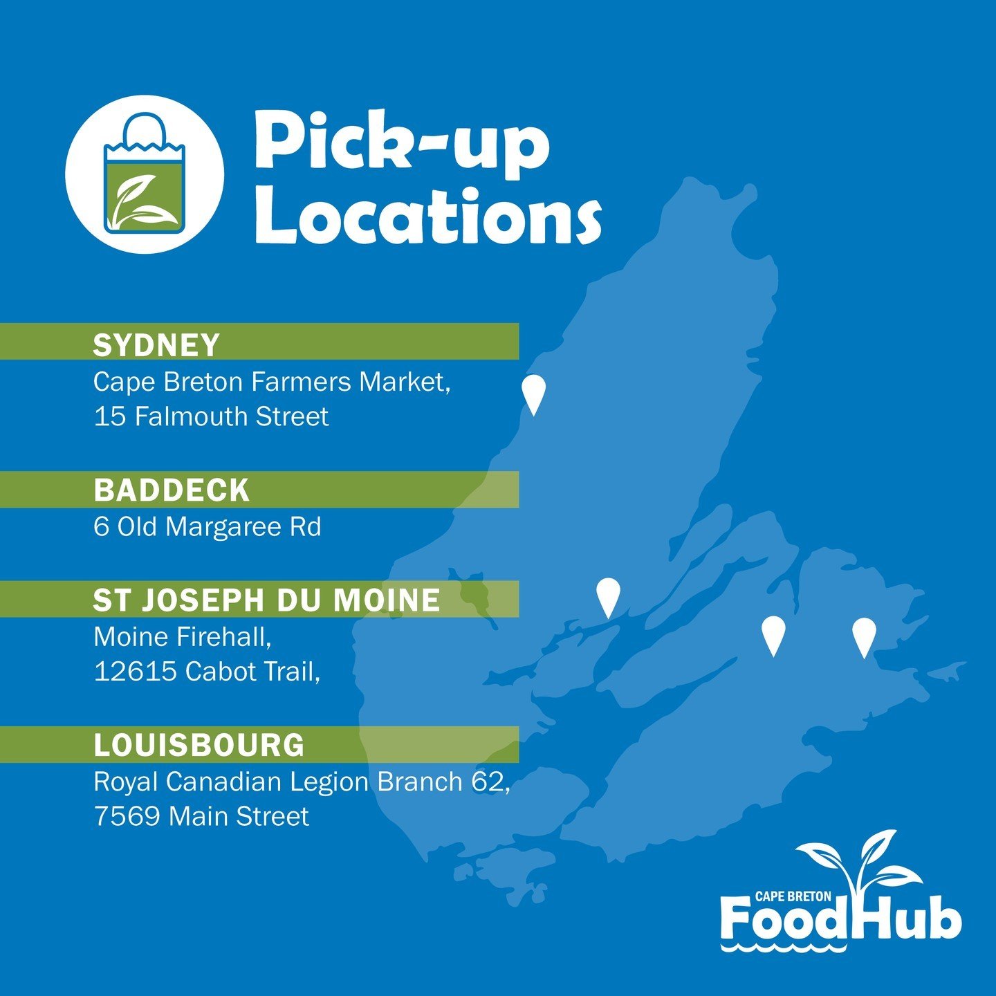 🌱Order online and pick-up your Food Hub order at any of our 4 locations!

Cape Breton Farmers Market, 15 Falmouth Street, Sydney
6 Old Margaree Rd, Baddeck
Moine Firehall, 12615 Cabot Trail, St Joseph du Moine
Royal Canadian Legion Branch 62, 7569 M