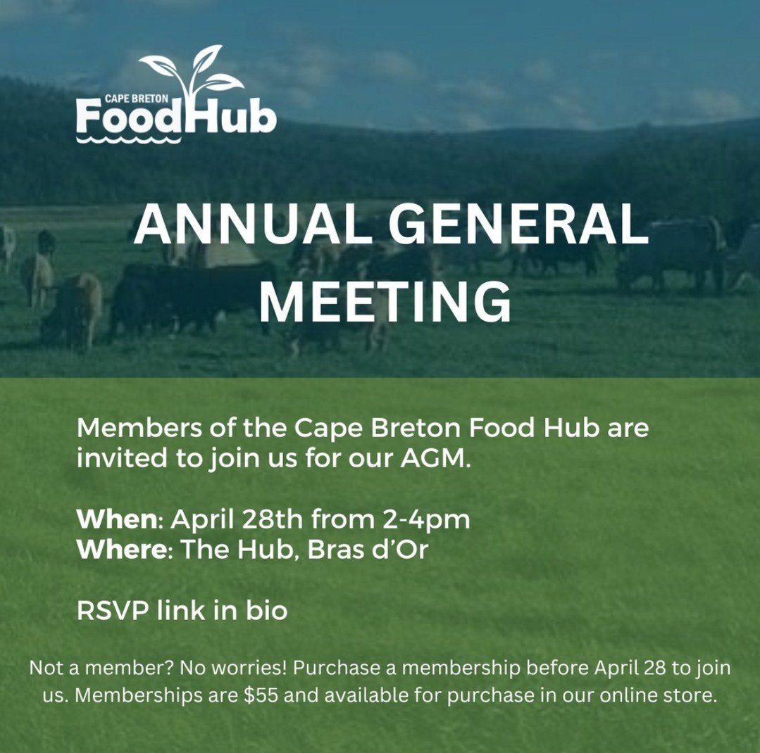 REMINDER!! 🔔 Our AGM is this Sunday!

RSVP here: https://loom.ly/yGEp5IY

You do need to be a member to attend. Annual membership help support local producers, aid food hub operations, enhance the local economy and improve food security on Cape Bret