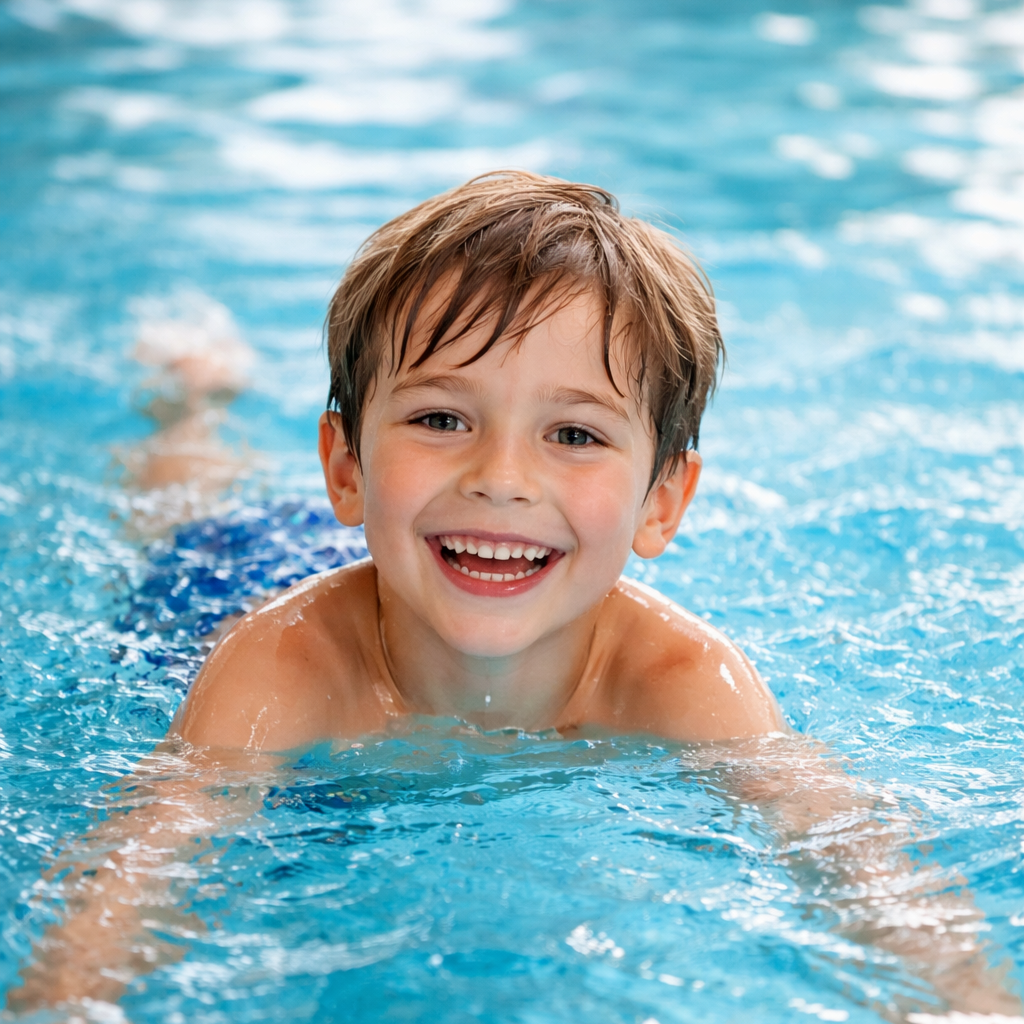 Happy student swimming in pool