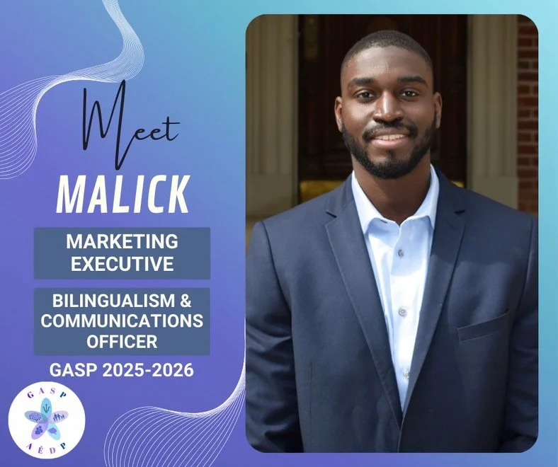 ✨ Meet the GASP team! ✨
Malick is a second-year PhD student in clinical psychology and our Marketing Executive and Bilingualism &amp; Communications Officer! He is happy to participate in the well-being of students. He is interested in neuropsycholog