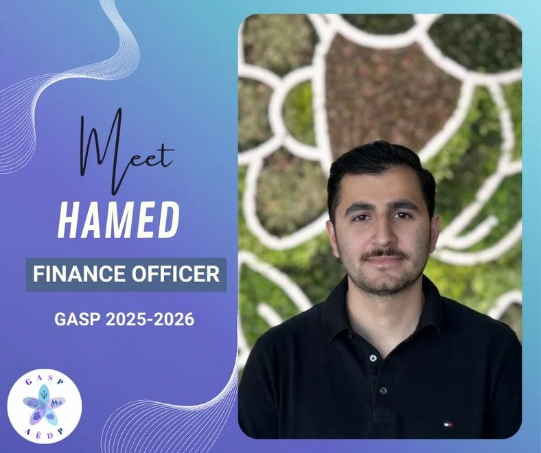 ✨ Meet the GASP team! ✨ 
Hamed is our Finance Officer! He is responsible for managing all monies and receipts according to the Financial Policy, including banking transactions. He maintains an updated financial report for members and presents a finan