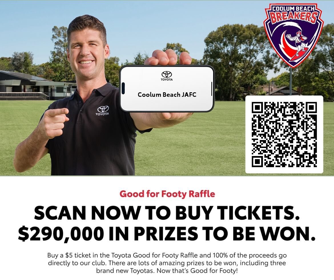 We are excited to announce that this year the Breakers have registered for the 2024 Good for Footy Raffle 🚗

Tickets are $5 &amp; the club receives 100% of the ticket sales proceeds. The Good for Footy Raffle is Toyotas biggest raffle, with over $29
