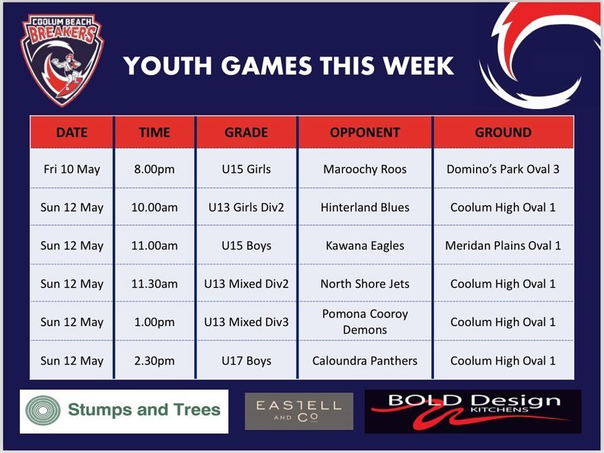 🌟 FOOTBALL  FIXTURES 🌟 

We kick off this weekends matches on Friday night, with the U15 Girls taking on Maroochydore. 

We would love to get as many Breakers down to Maroochydore wearing their red, white and blue in support of the girls so we have