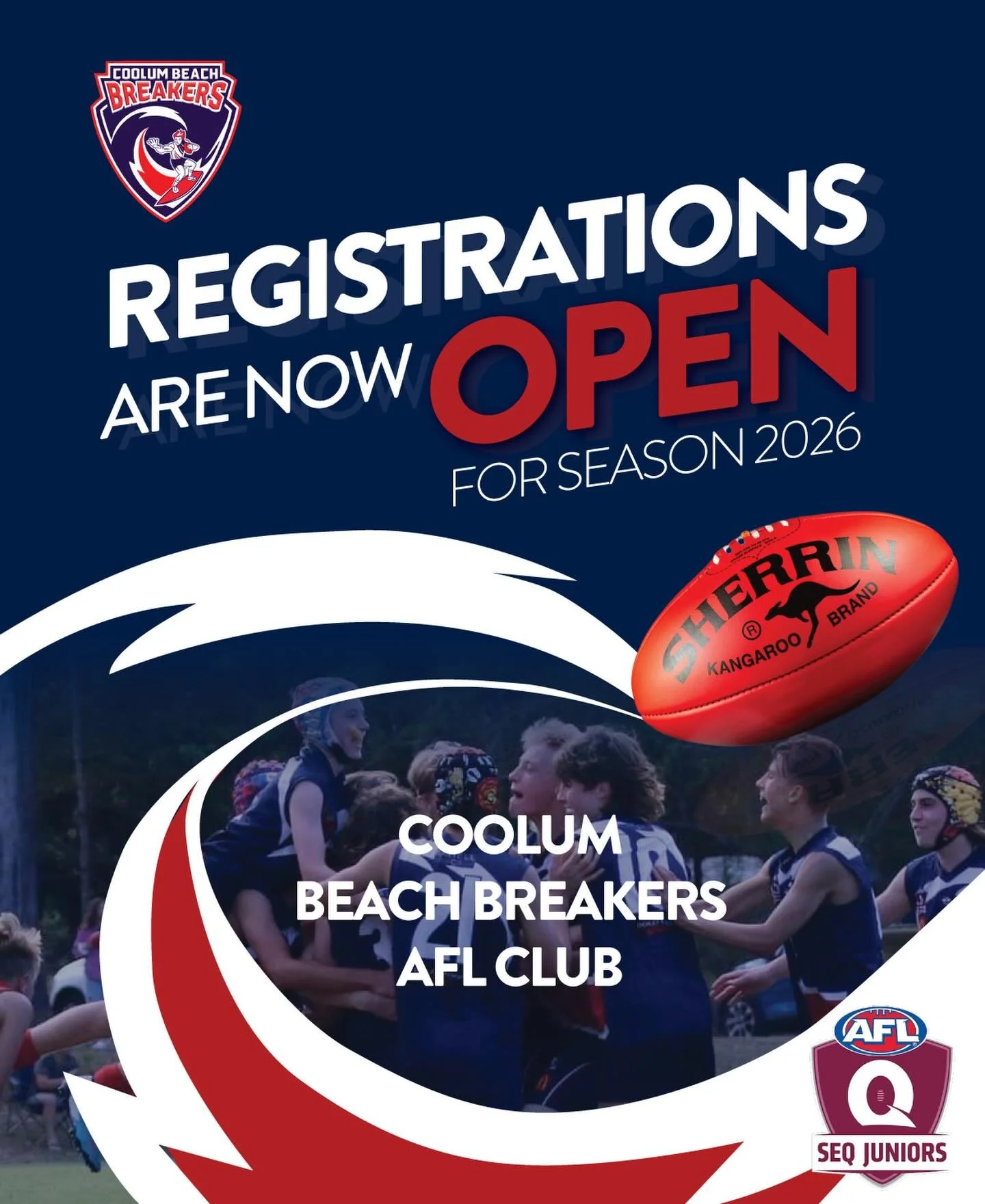 Registrations Now Open &ndash; Play AFL in 2026 with the Coolum Breakers

Are you keen to play AFL football in 2026?

Coolum Beach Breakers AFL Football Club registrations are NOW open for the upcoming season. We welcome players of all ages and exper