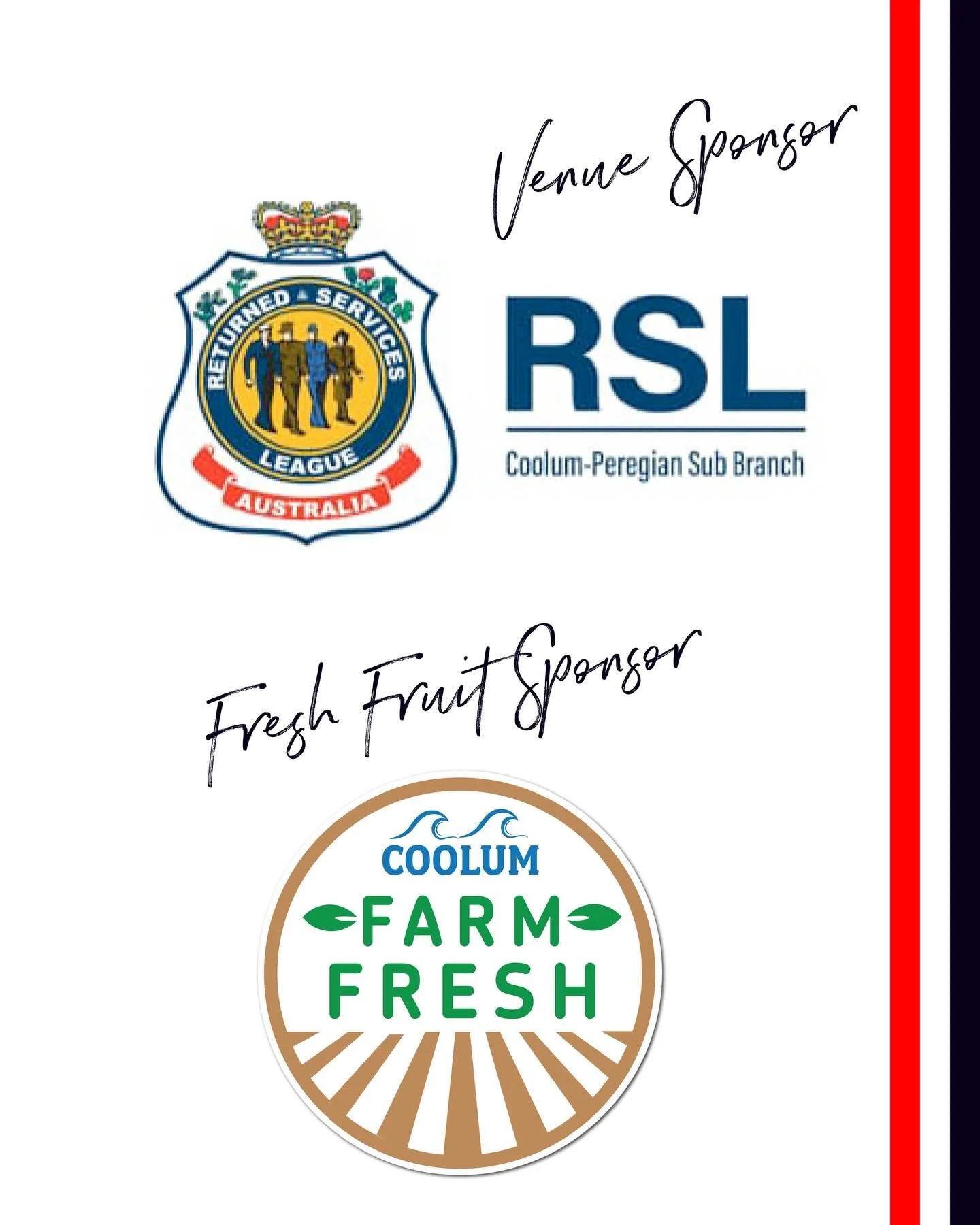 Big thank you to our friends at @coolum_peregian_rsl for being our Venue Sponsor for another year and @coolum_farm_fresh for being our delicious fresh fruit sponsor again! We truely appreciate you both 🫶🏼