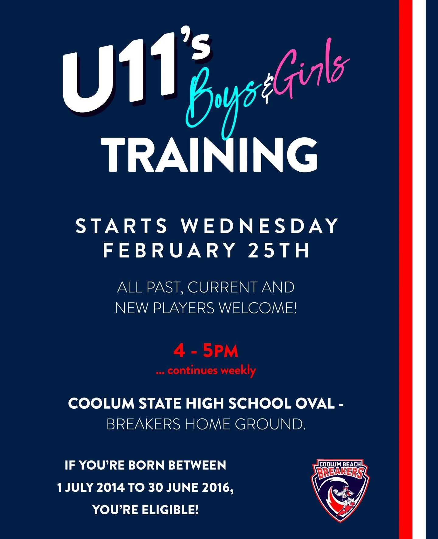 Under 11&rsquo;s you&rsquo;re up NEXT 🔴⚪️🔵 

Boys &amp; Girls!!

Mark the calendar, set the alarm and dust off the footy boots!!! See you Wednesday Feb 25th at 4pm 💪🏻