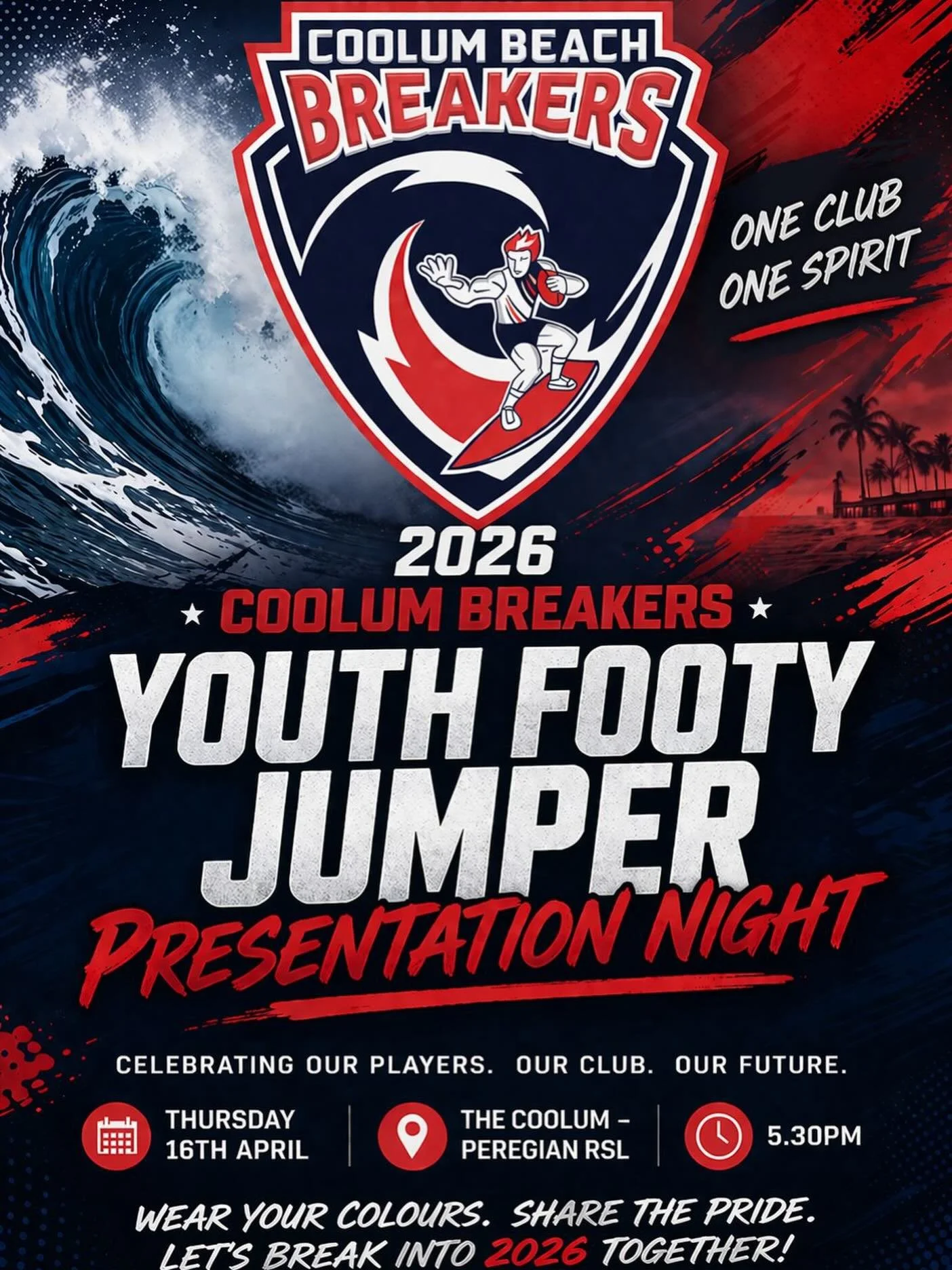 Let&rsquo;s go!!! 👏🏻 Youth Jersey presentation night incoming for the Coolum Breakers 2026 season 🔴⚪️🔵

U13 / U15 / U17

&bull; Thursday 16th April ~ save the date! 

&bull; Coolum Peregian RSL at 5.30pm

#ridethewave