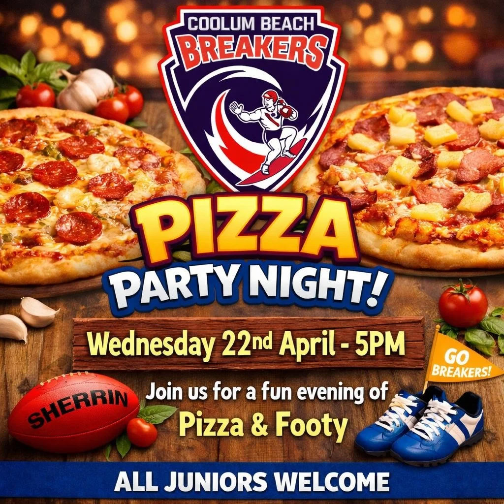 Yeah the Junior Breakers!!! 🔴⚪️🔵Pizzas - a - plenty! Please save the date and join us after training for a get together before first games commence on May 3👏🏻👏🏻 🍕 🎉

➡️ Uniform shop will be open on this night also for any merchandise and unif