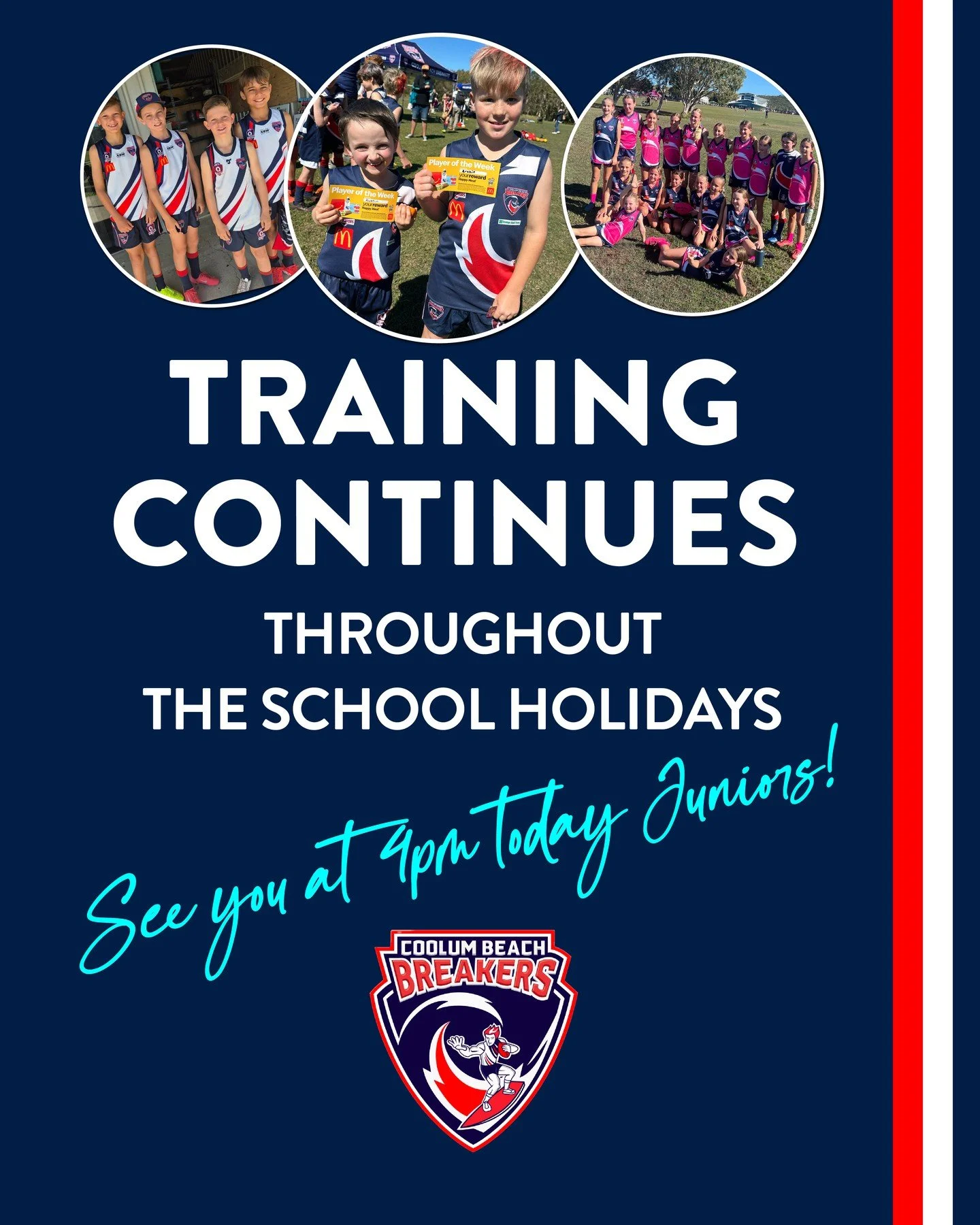 Just a friendly remidner that Training continues throughout the school holidays. Juniors you're up tonight, Youth tomorrow! See you on the field .... 👏 #RideTheWave