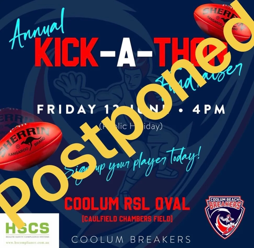Due to wet weather we have unfortunately had to find a new date for are big kick-a-thon. Save the date, Friday 17 July at 4pm.
Stay dry Breakers✌🏻