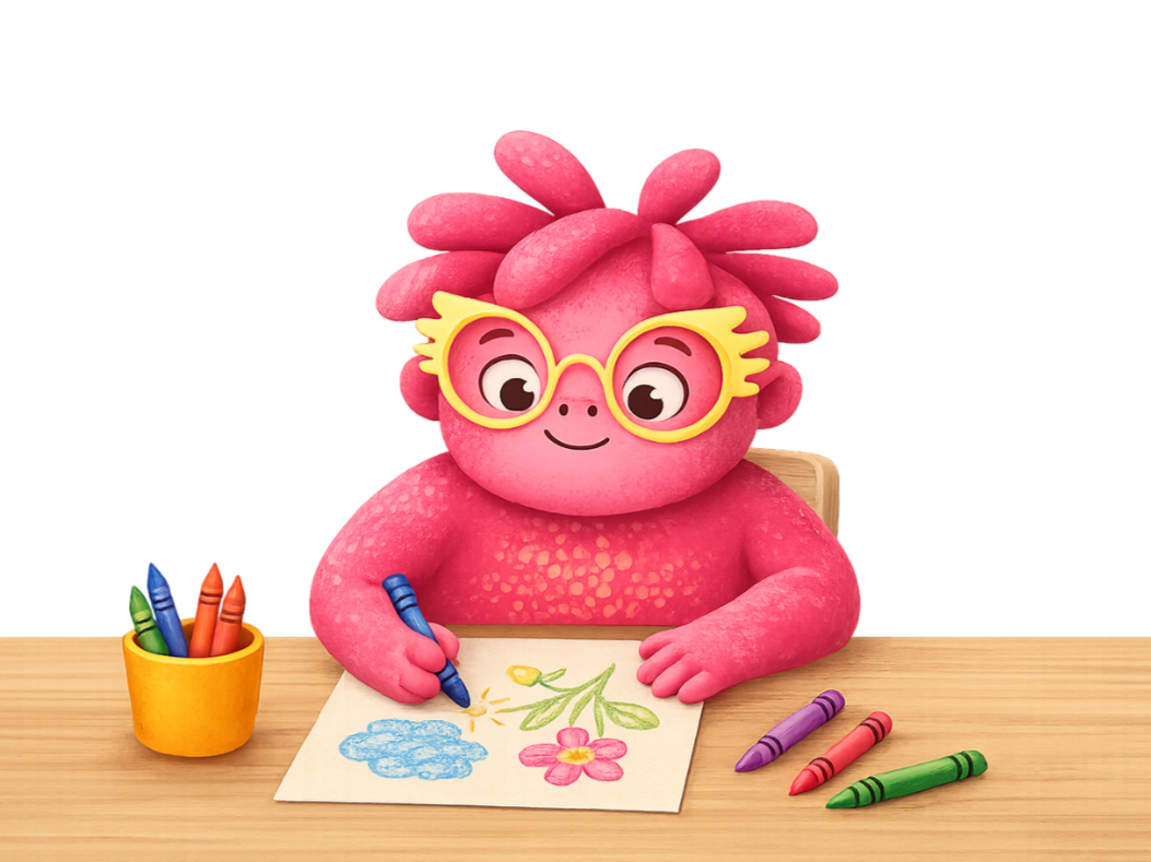 Aiden creating at a desk with crayons