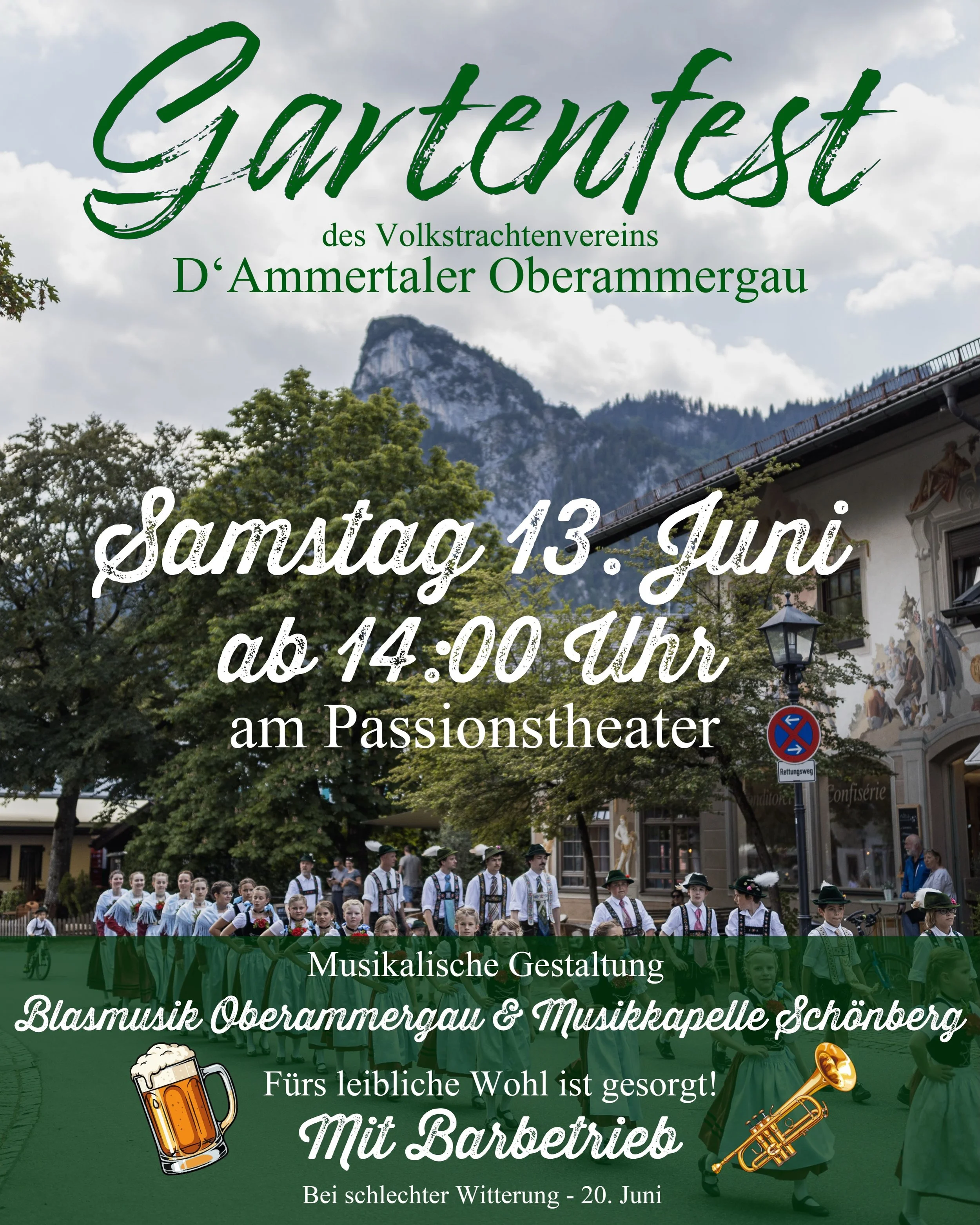 🍻 Gartenfest 2026🍻

Mir der Trachtenverein laden euch herzlich zu unserem
Gartenfest ein!

Um 14:00 marschieren wir mit dem @trommlerzug.oberammergau von der Sparkasse bis zum Passionstheater. 🥁

Anschlie&szlig;end spielt die @blasmusik_oberammerg
