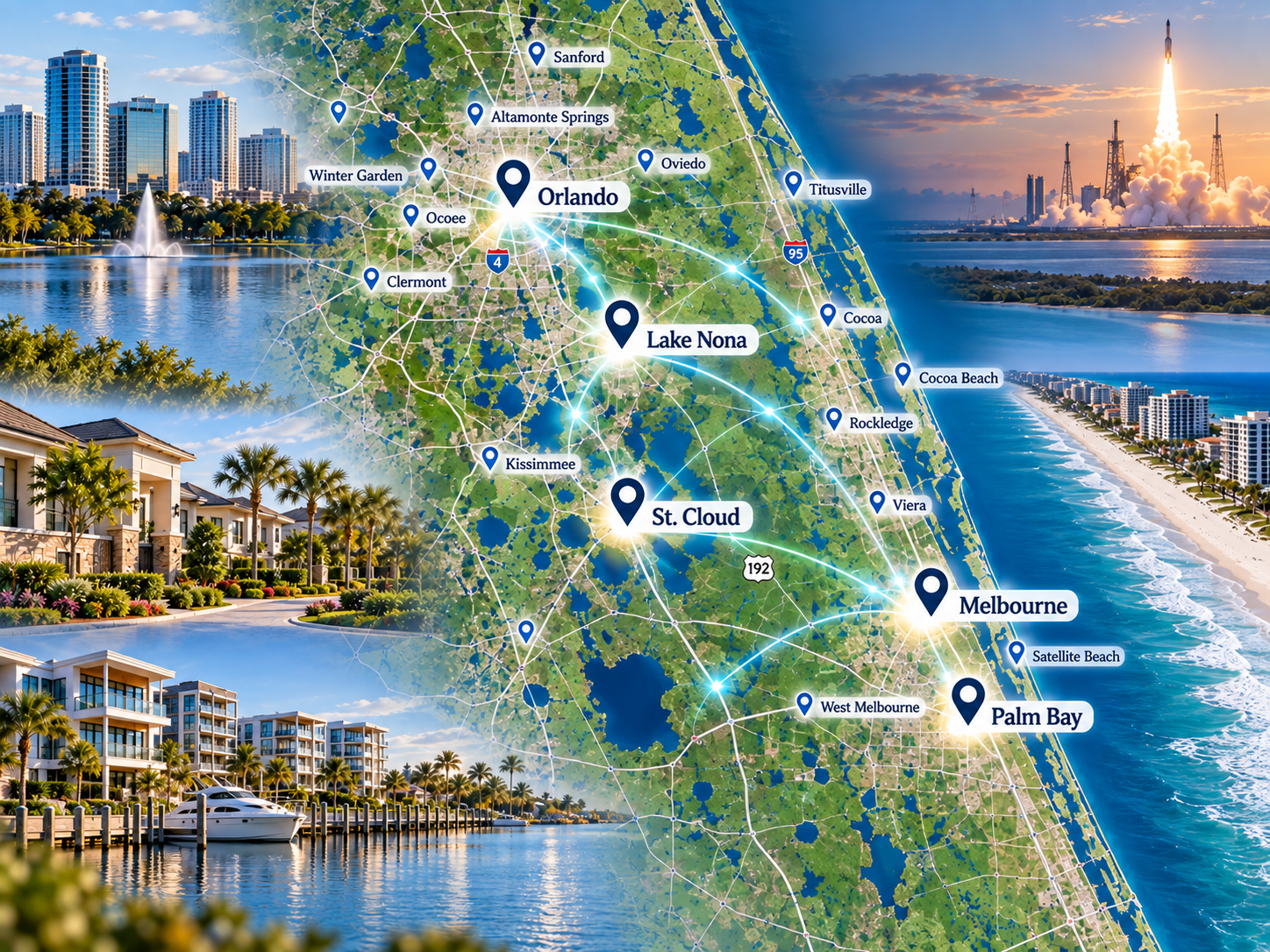 A map of central Florida showing major locations such as Orlando, Lake Nona, St. Cloud, Melbourne, and Palm Bay, overlaid with images of cityscapes, lakes, beaches, and rockets launching, highlighting the region's attractions and infrastructure.