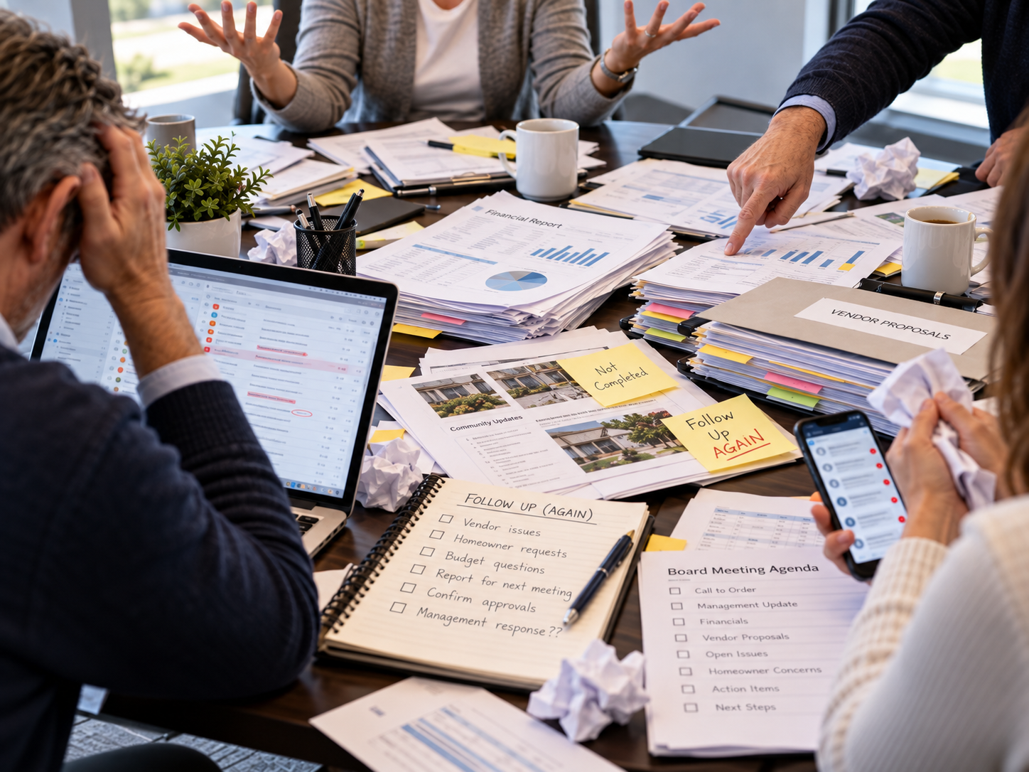 A busy meeting room with multiple people discussing amid stacks of documents, charts, and laptops on the table.